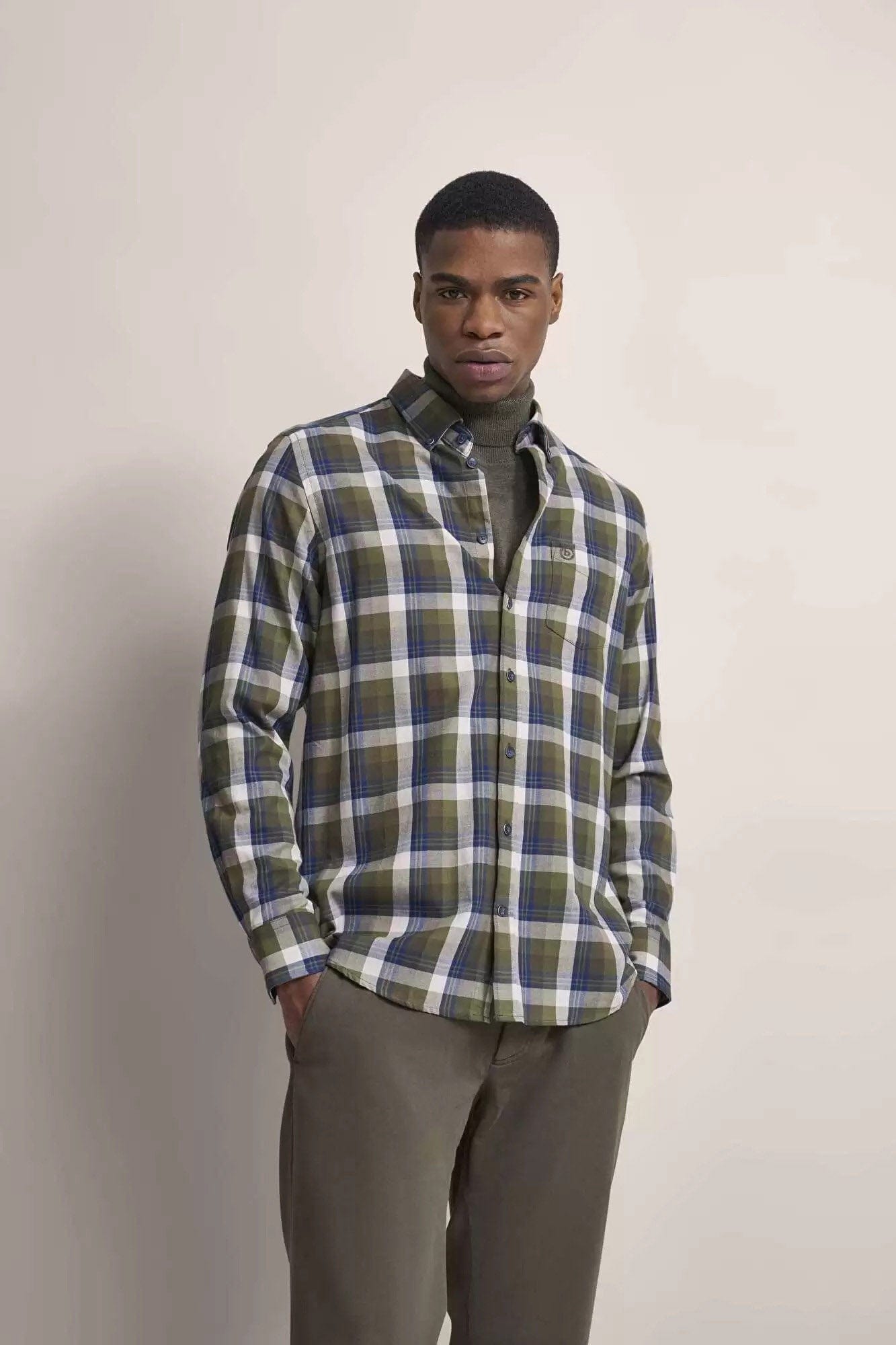 Bugatti Check Brushed Cotton Long Sleeve Shirt - Olive