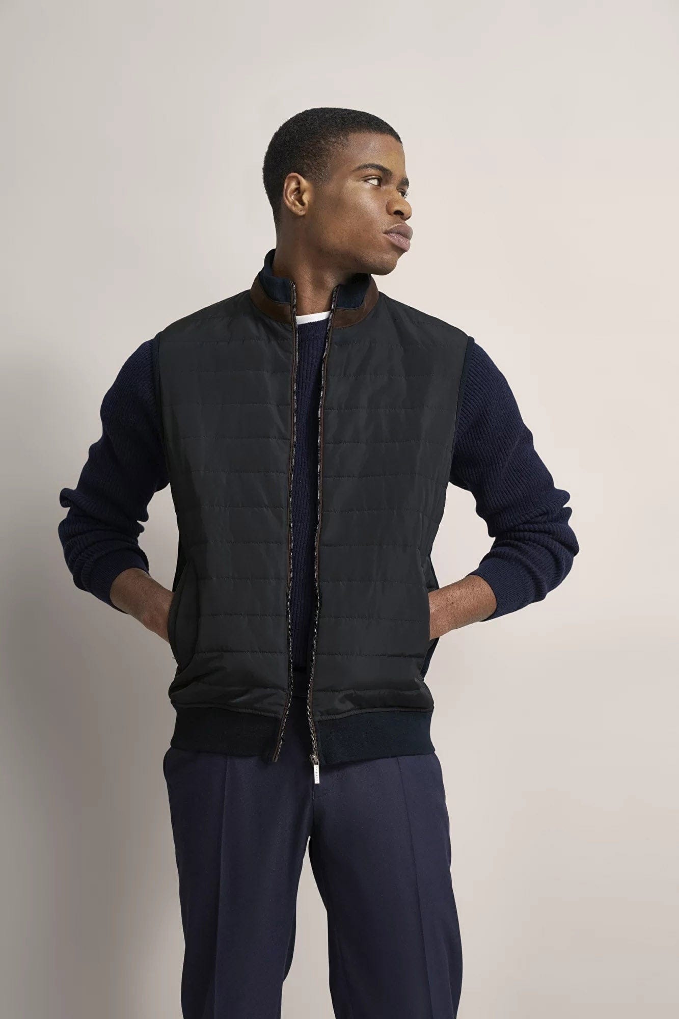 Bugatti Quilted Front Knitted Back Gilet - Navy