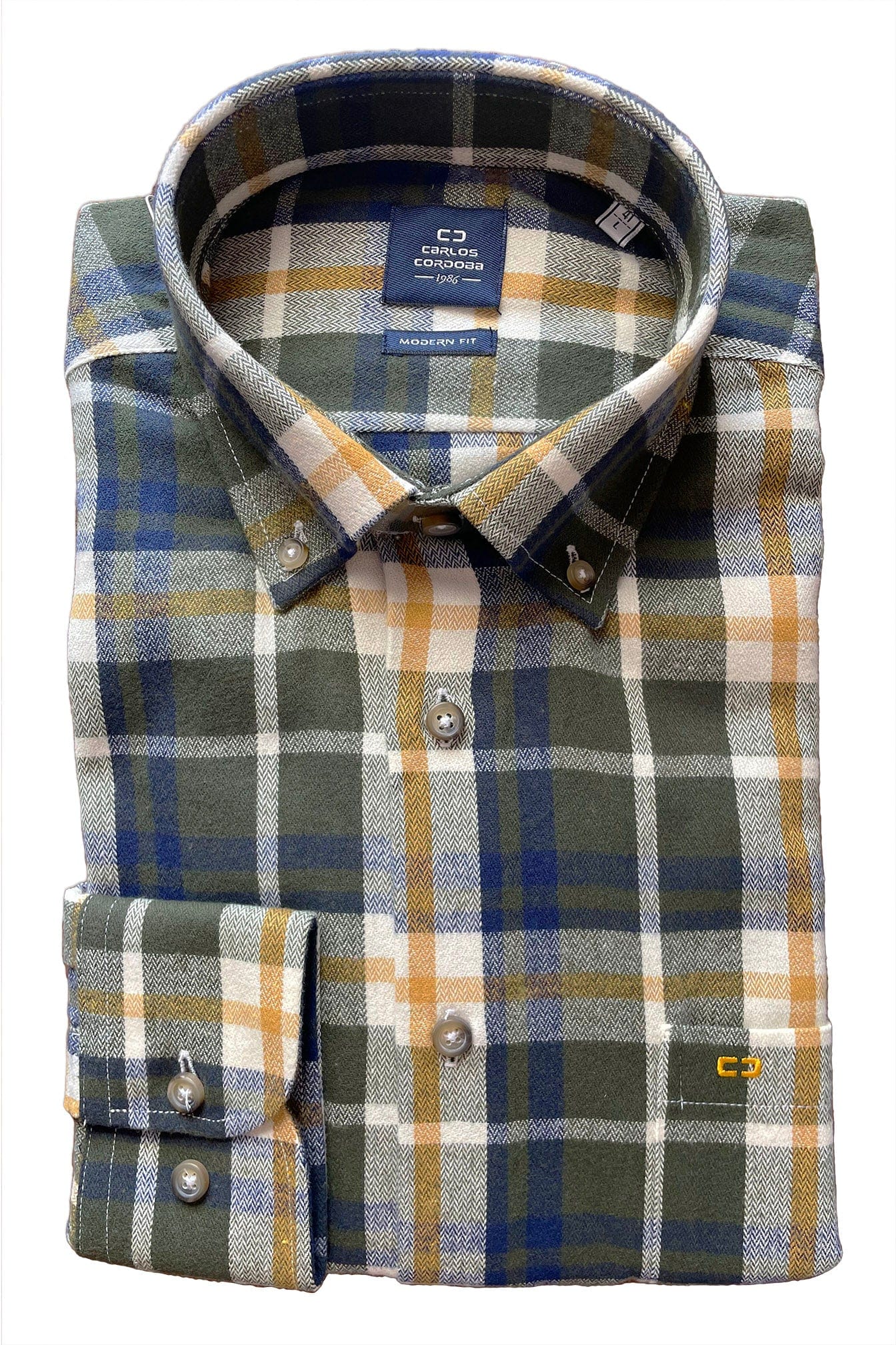 Carlos Cordoba Supersoft Brushed Cotton Check Shirt - Green/Gold