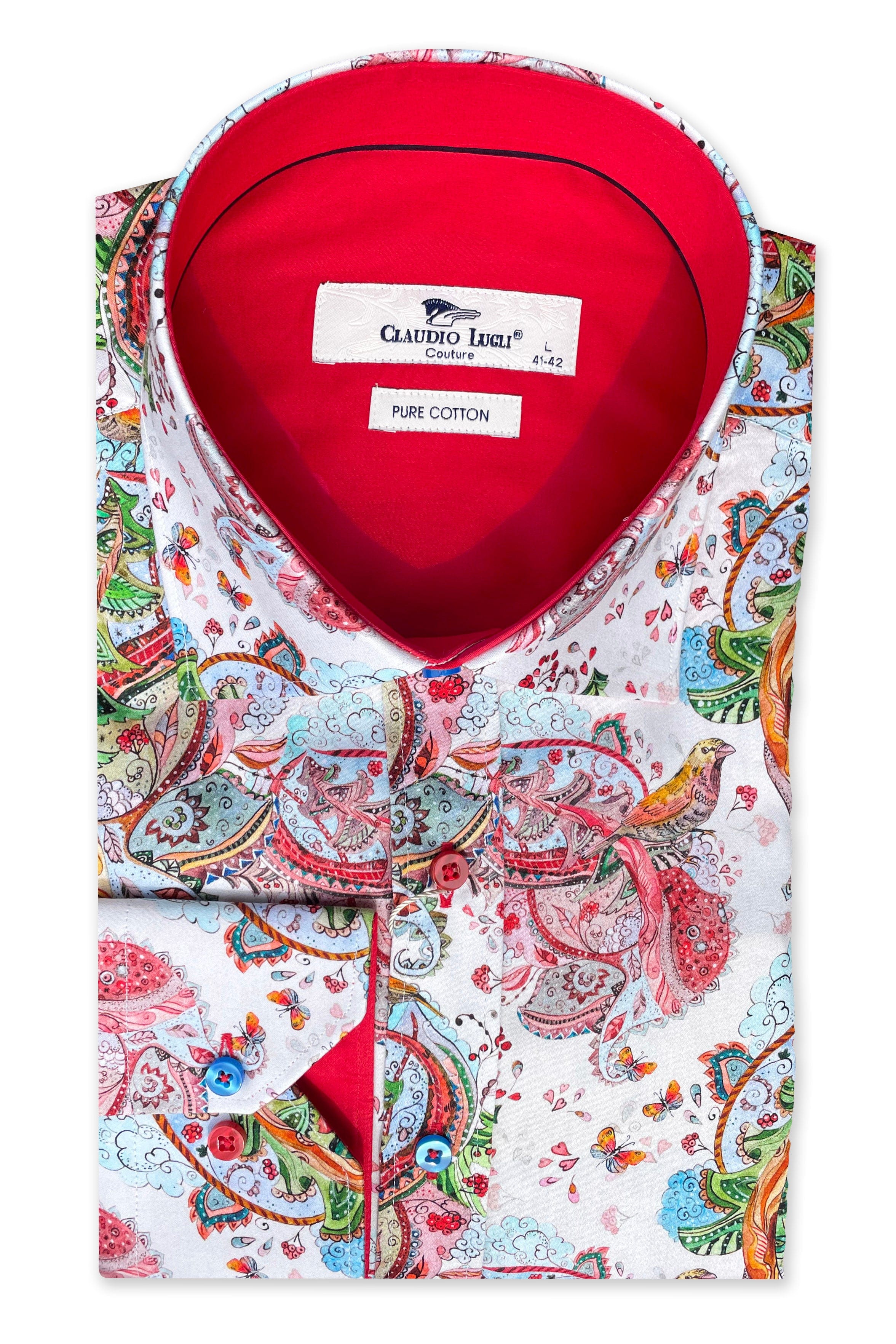 Claudio Lugli Satin Cotton Bird & Paisley Print Shirt - White