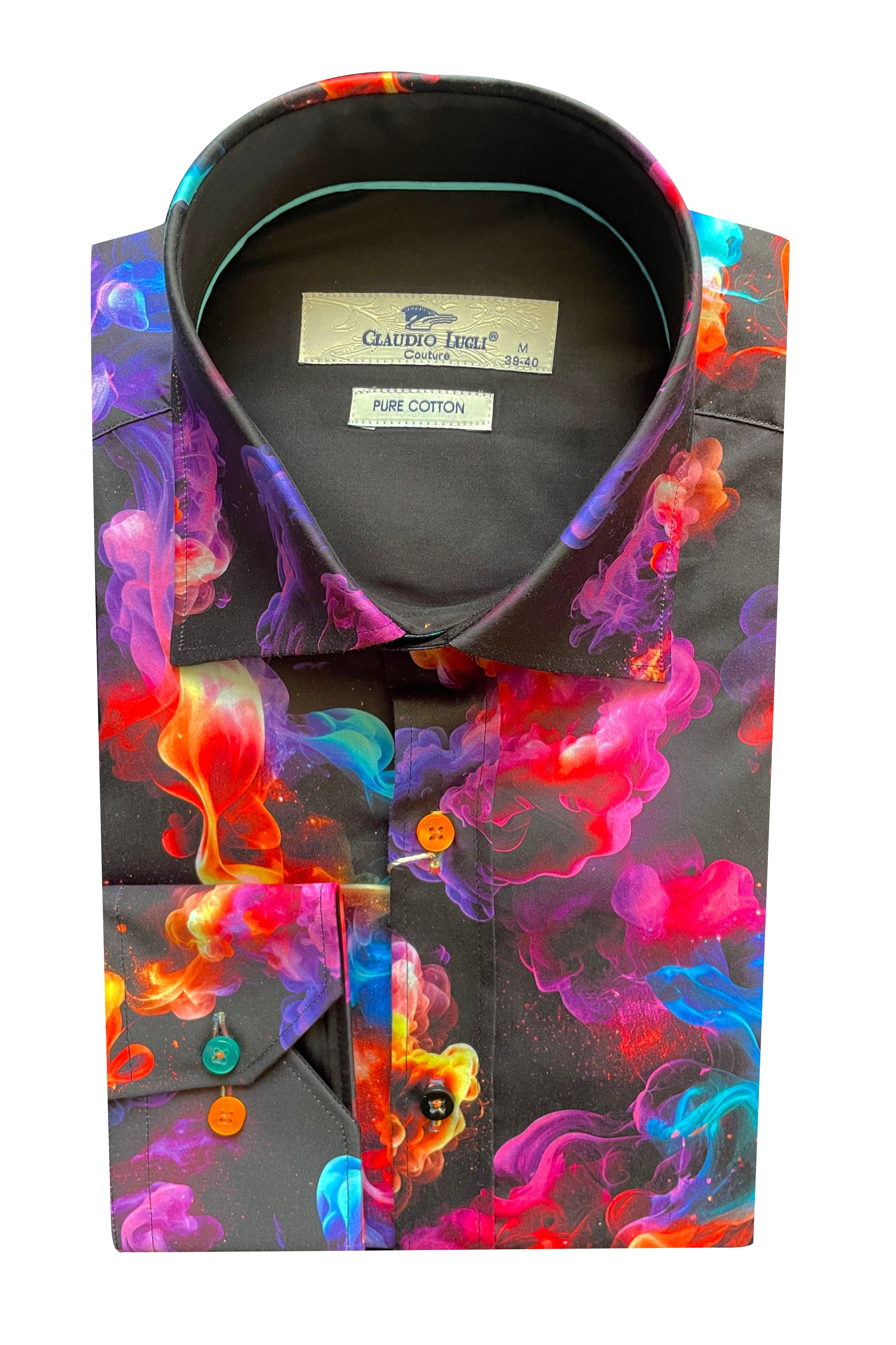 Claudio Lugli Satin Cotton Multicoloured Smoke Print Shirt - Black