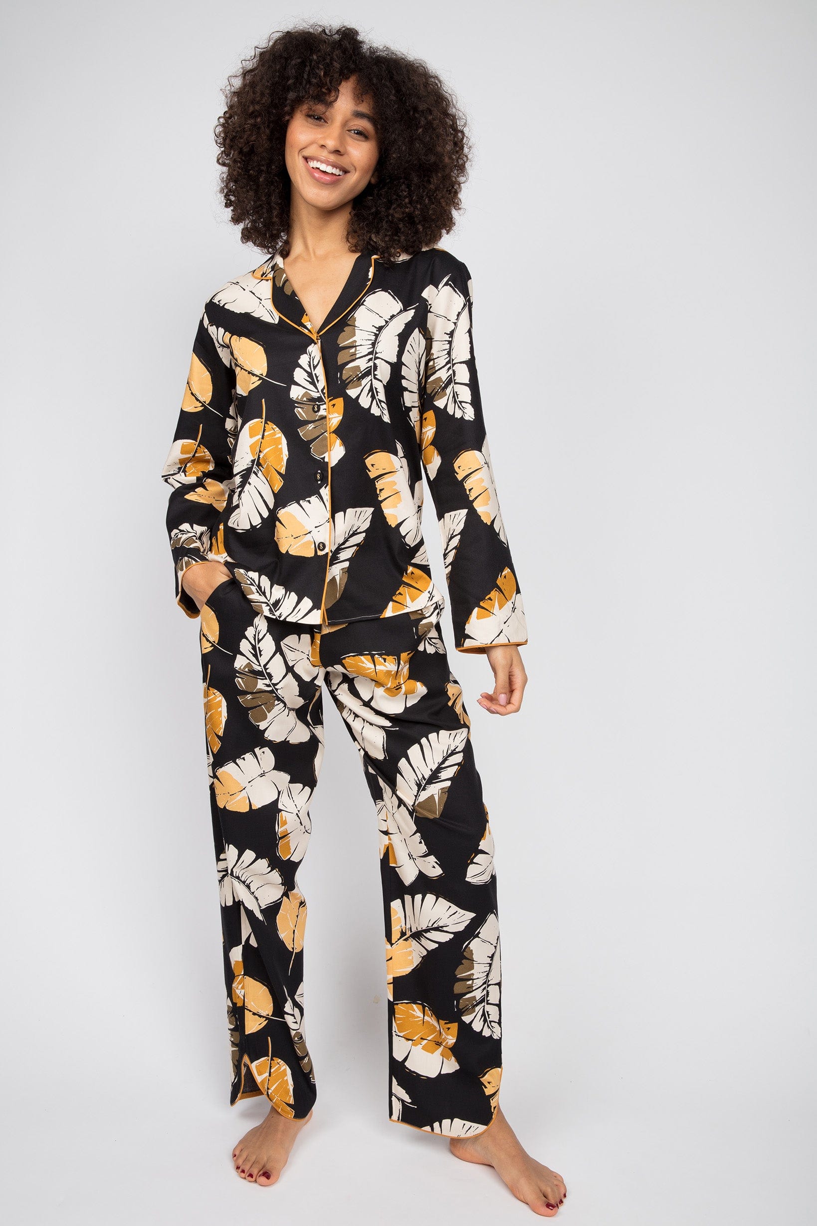 Cyberjammies Annie Leaf Print Pyjama Top - Black/Mustard