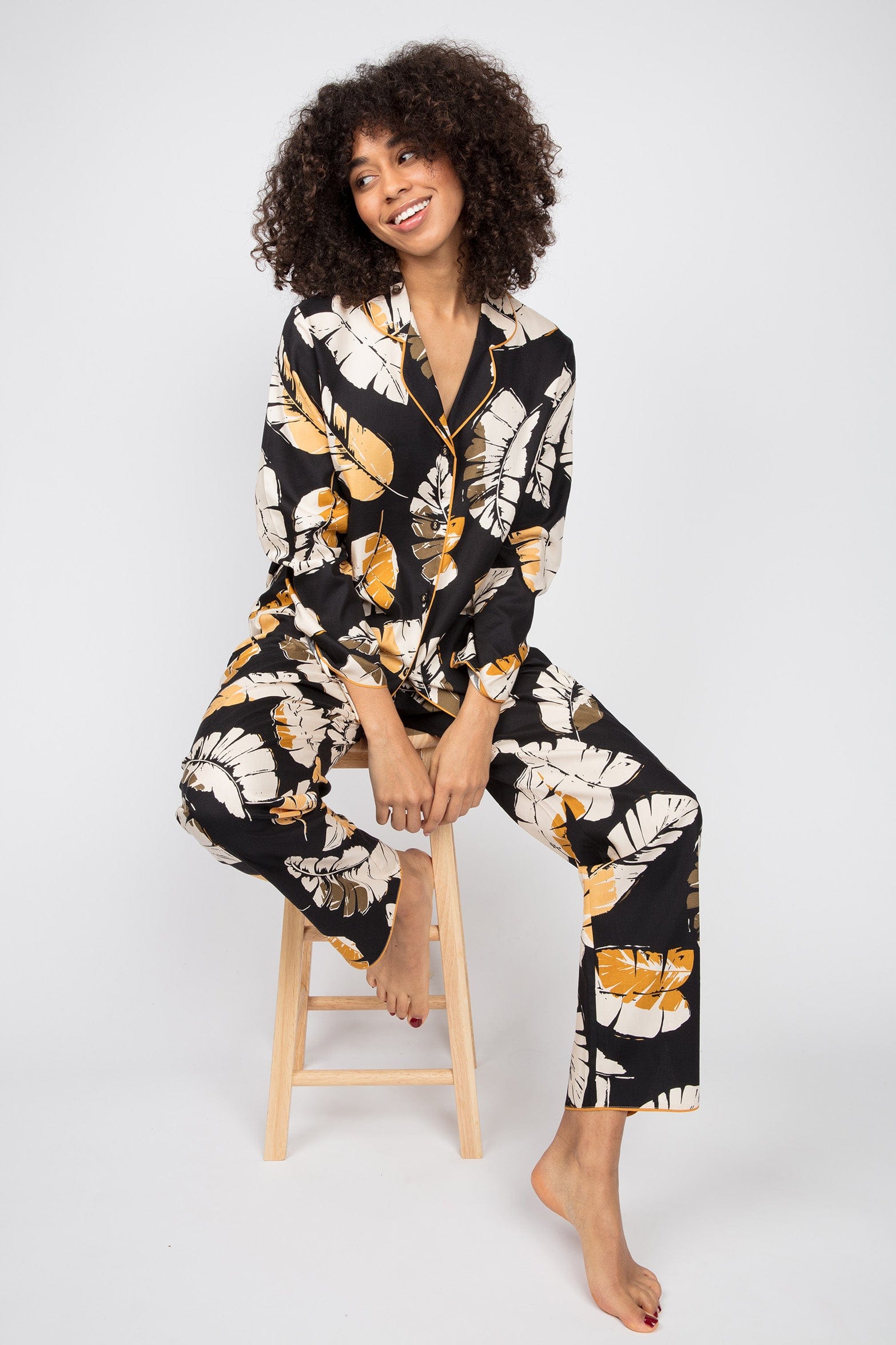 Cyberjammies Annie Leaf Print Pyjama Top - Black/Mustard