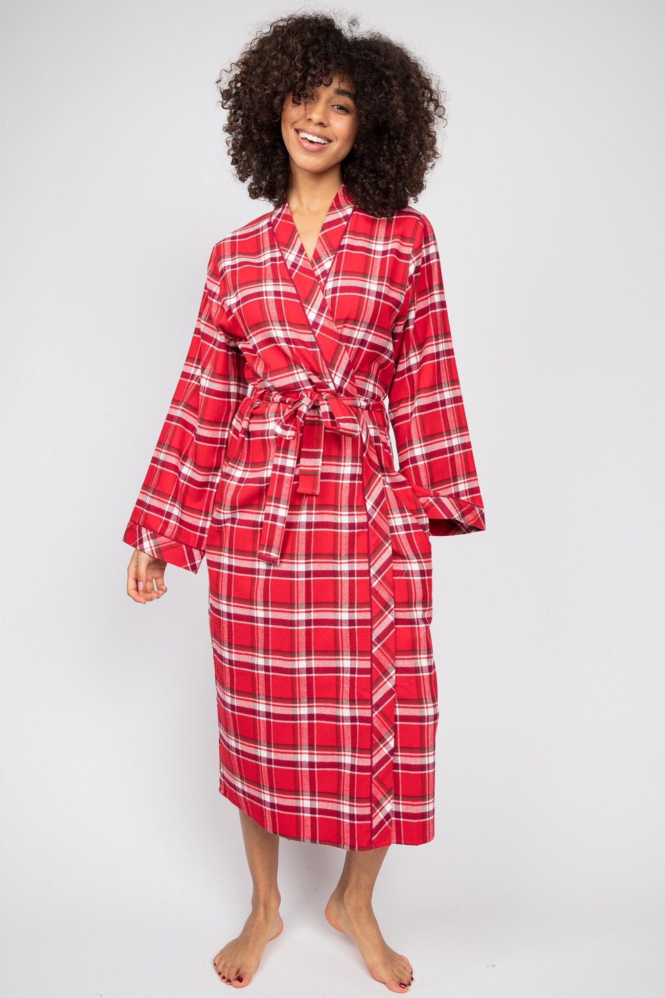 Cyberjammies Robyn Check Brushed Cotton Long Dressing Gown - Red/White