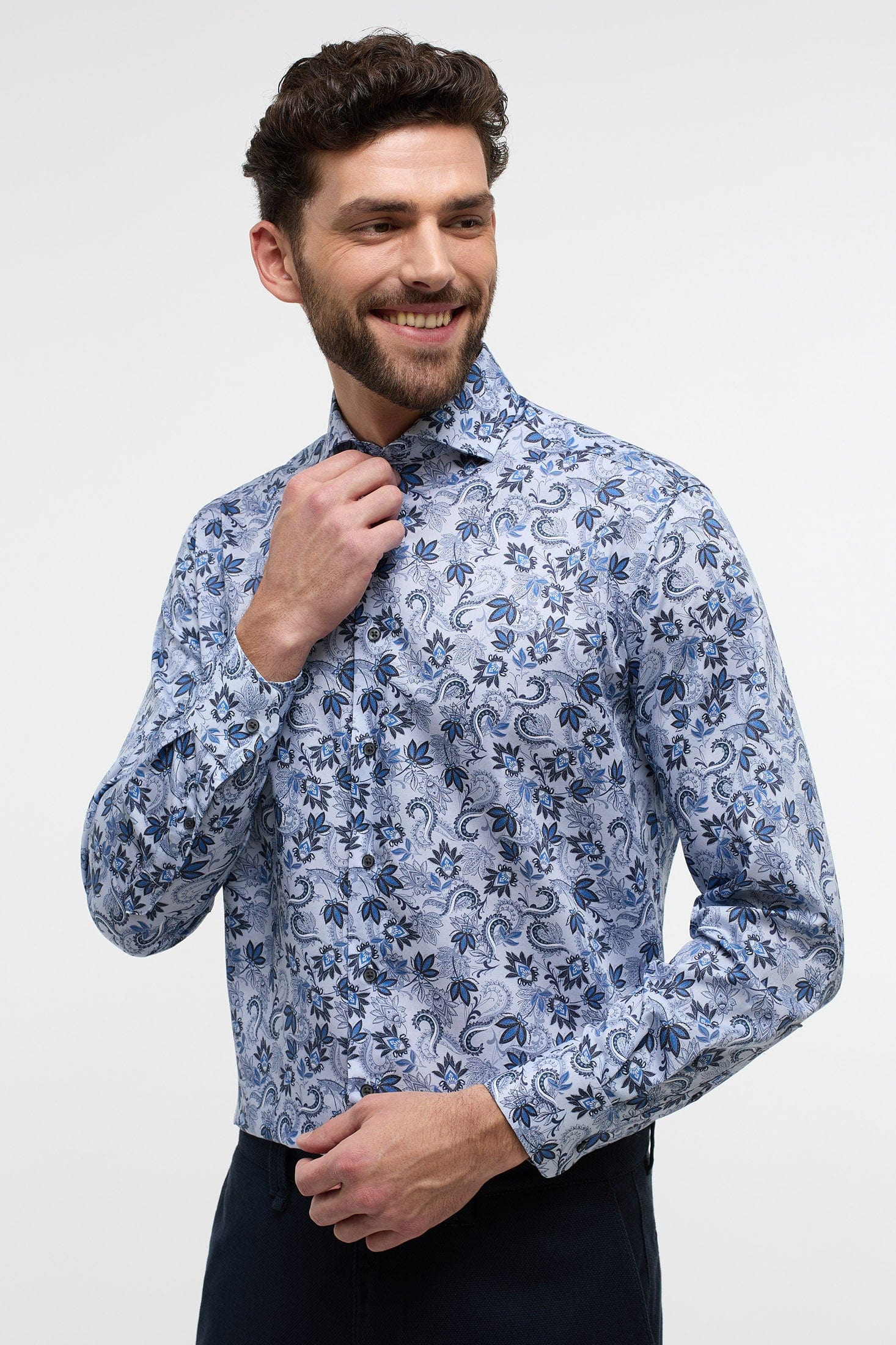 Eterna Modern Fit Leaf Print Twill Shirt - Blue