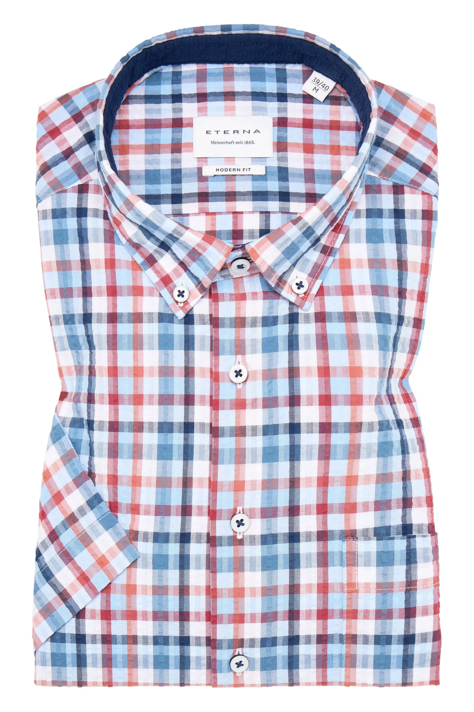 Eterna Modern Fit Seersucker Check Short Sleeve Shirt - Blue/Red