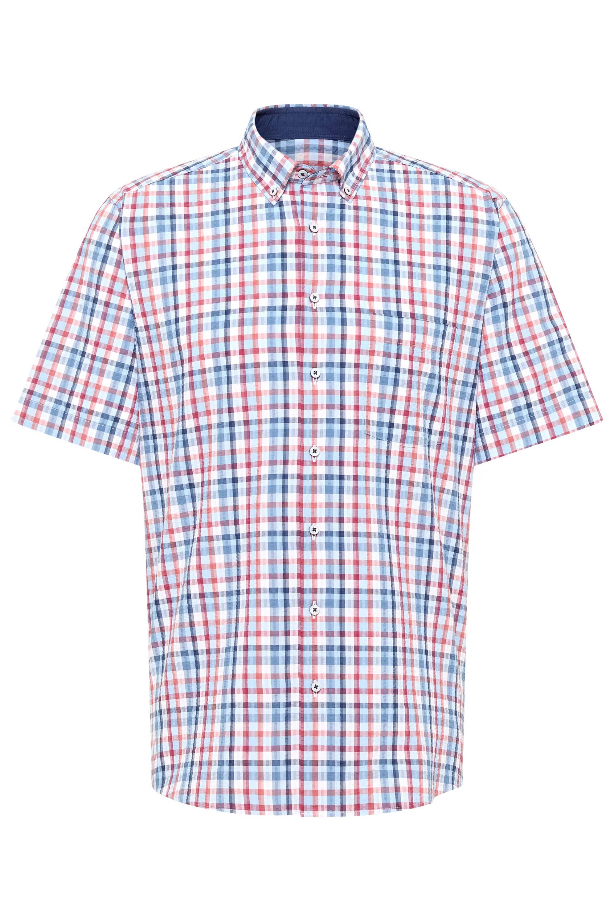 Eterna Modern Fit Seersucker Check Short Sleeve Shirt - Blue/Red