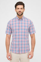 Eterna Modern Fit Seersucker Check Short Sleeve Shirt - Blue/Red