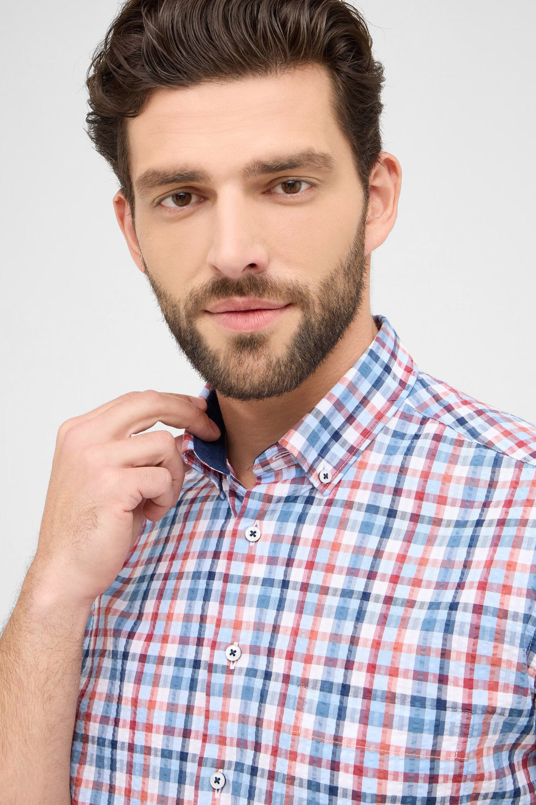 Eterna Modern Fit Seersucker Check Short Sleeve Shirt - Blue/Red