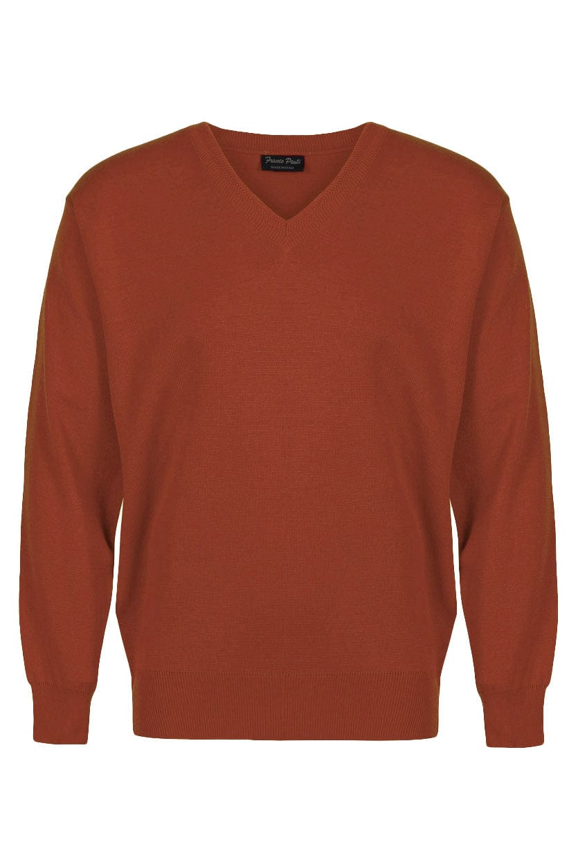 Franco Ponti Medium Weight Merino Wool V Neck Jumper - Rust