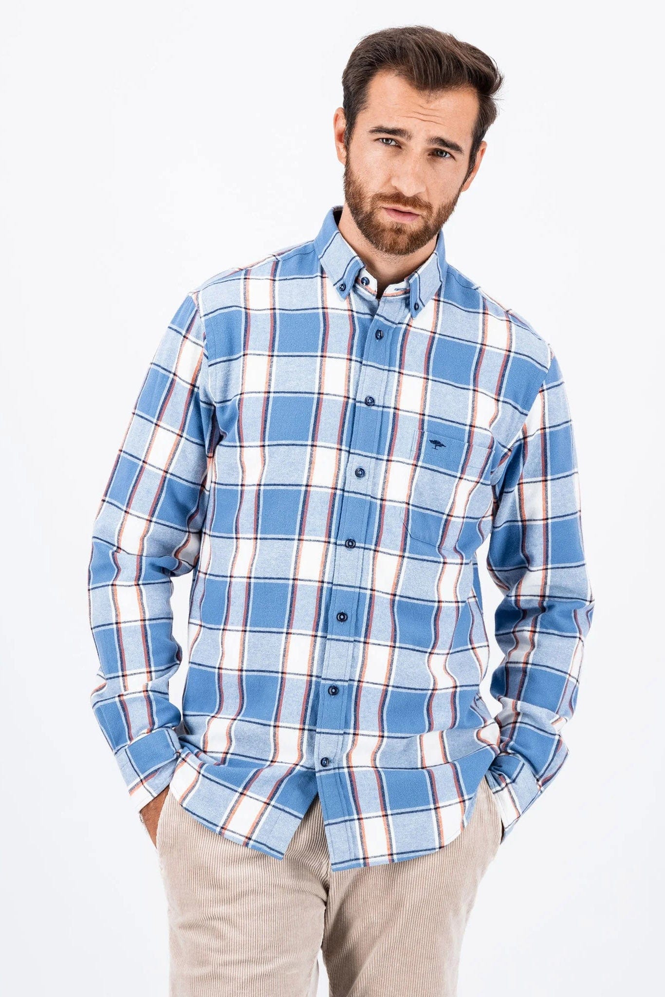 Fynch Hatton Check Brushed Cotton Long Sleeve Shirt - Cloud Blue