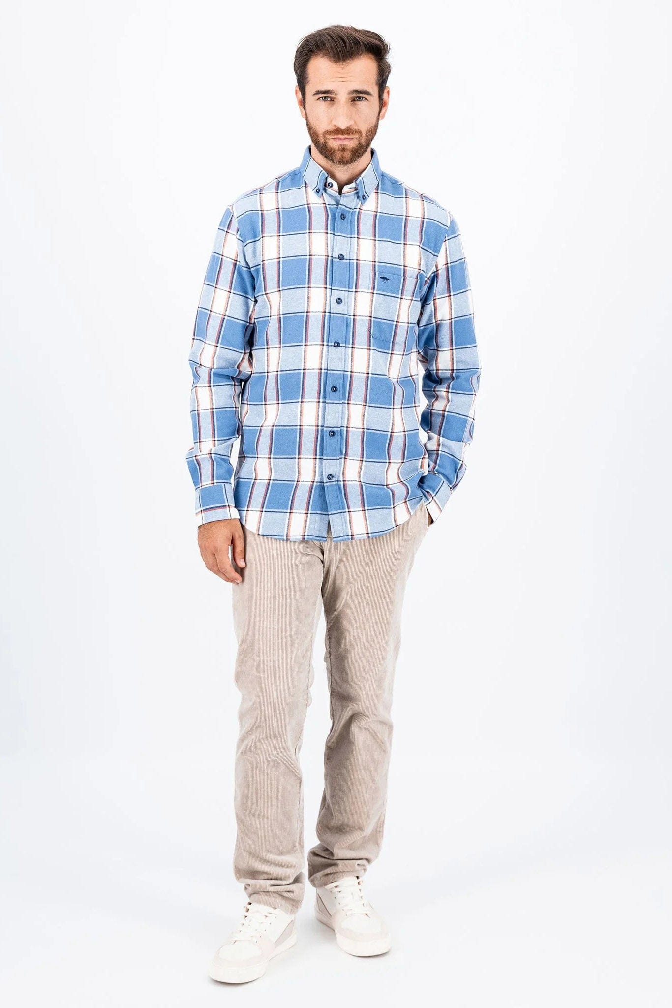 Fynch Hatton Check Brushed Cotton Long Sleeve Shirt - Cloud Blue