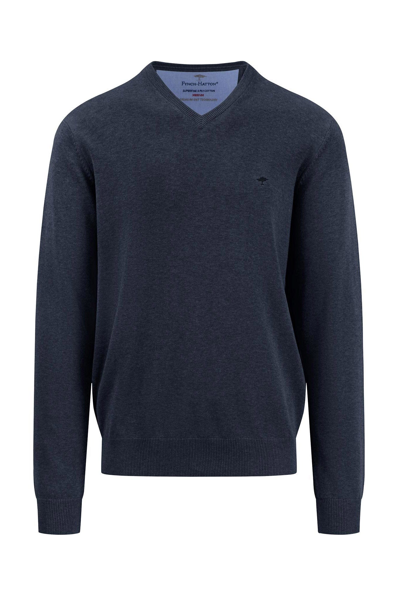 Fynch Hatton Superfine Cotton V-Neck Jumper - Navy