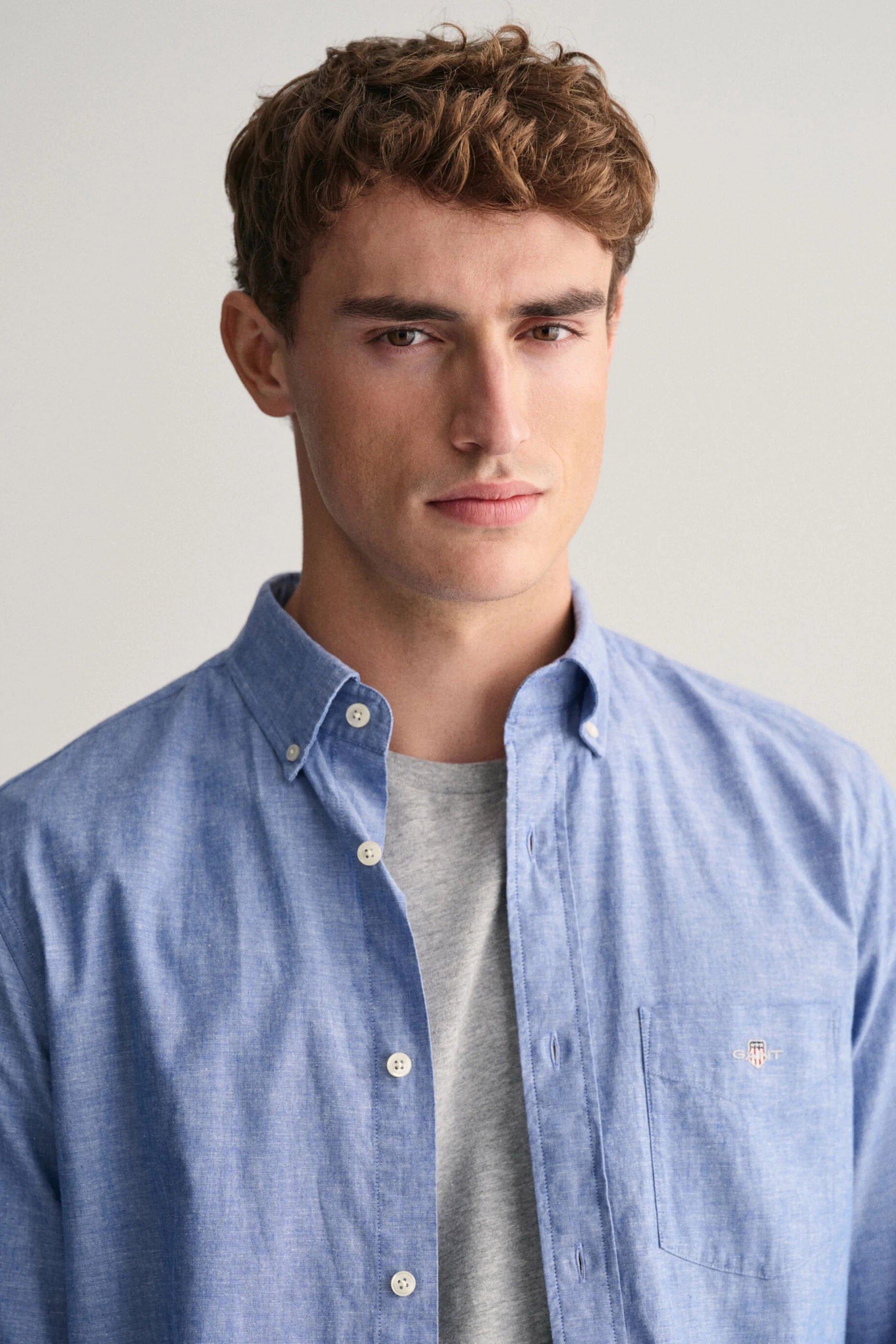 GANT Linen Mix Plain Regular Fit Long Sleeve Shirt - Rich Blue