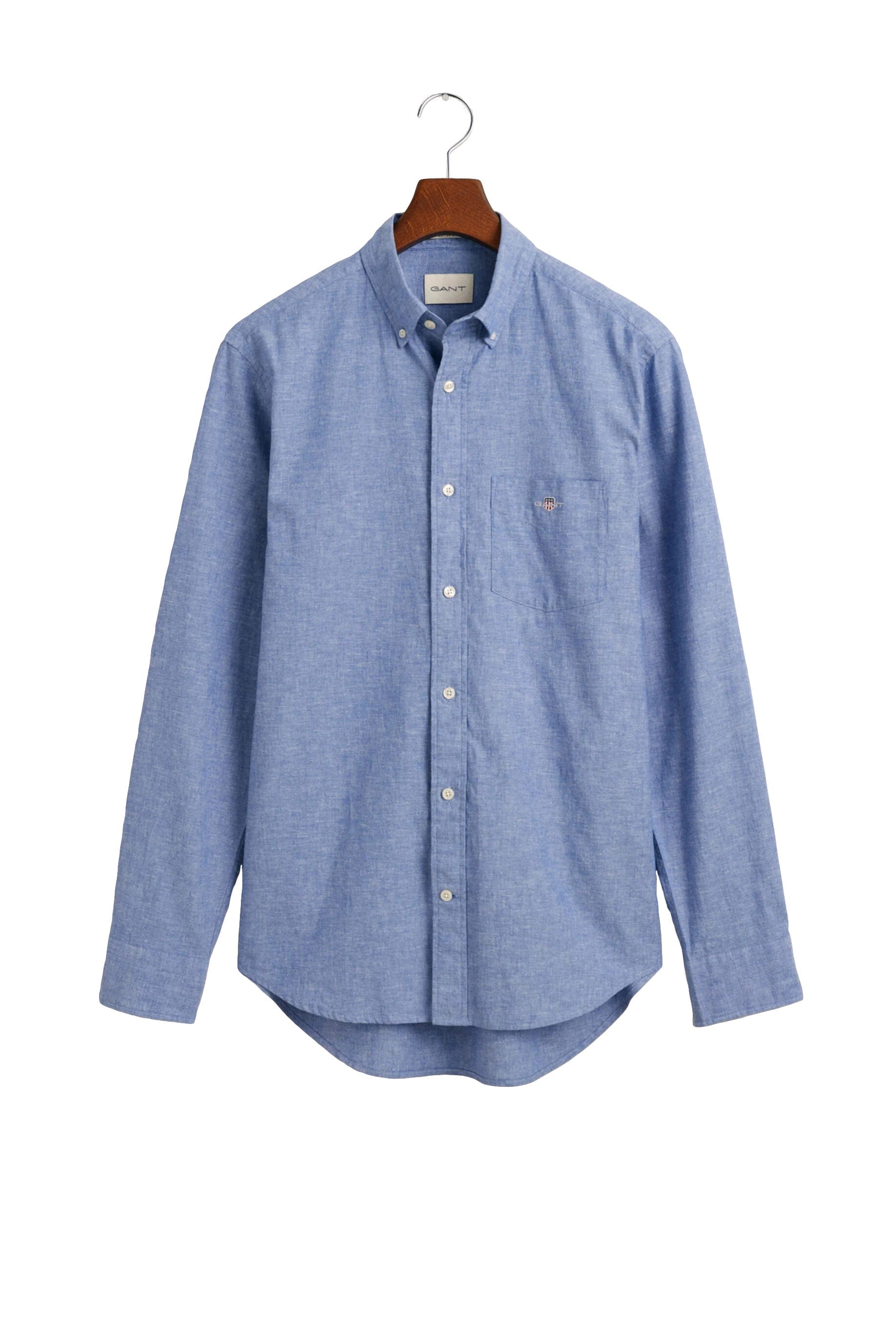 GANT Linen Mix Plain Regular Fit Long Sleeve Shirt - Rich Blue