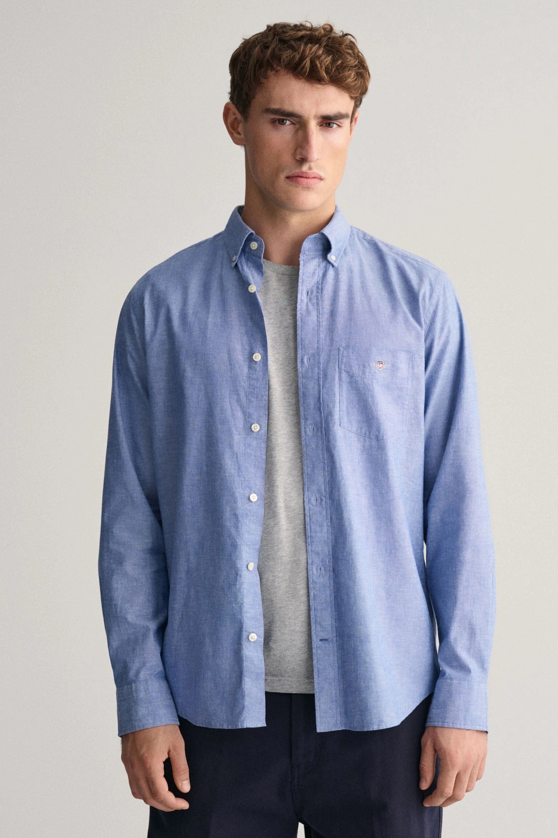 GANT Linen Mix Plain Regular Fit Long Sleeve Shirt - Rich Blue