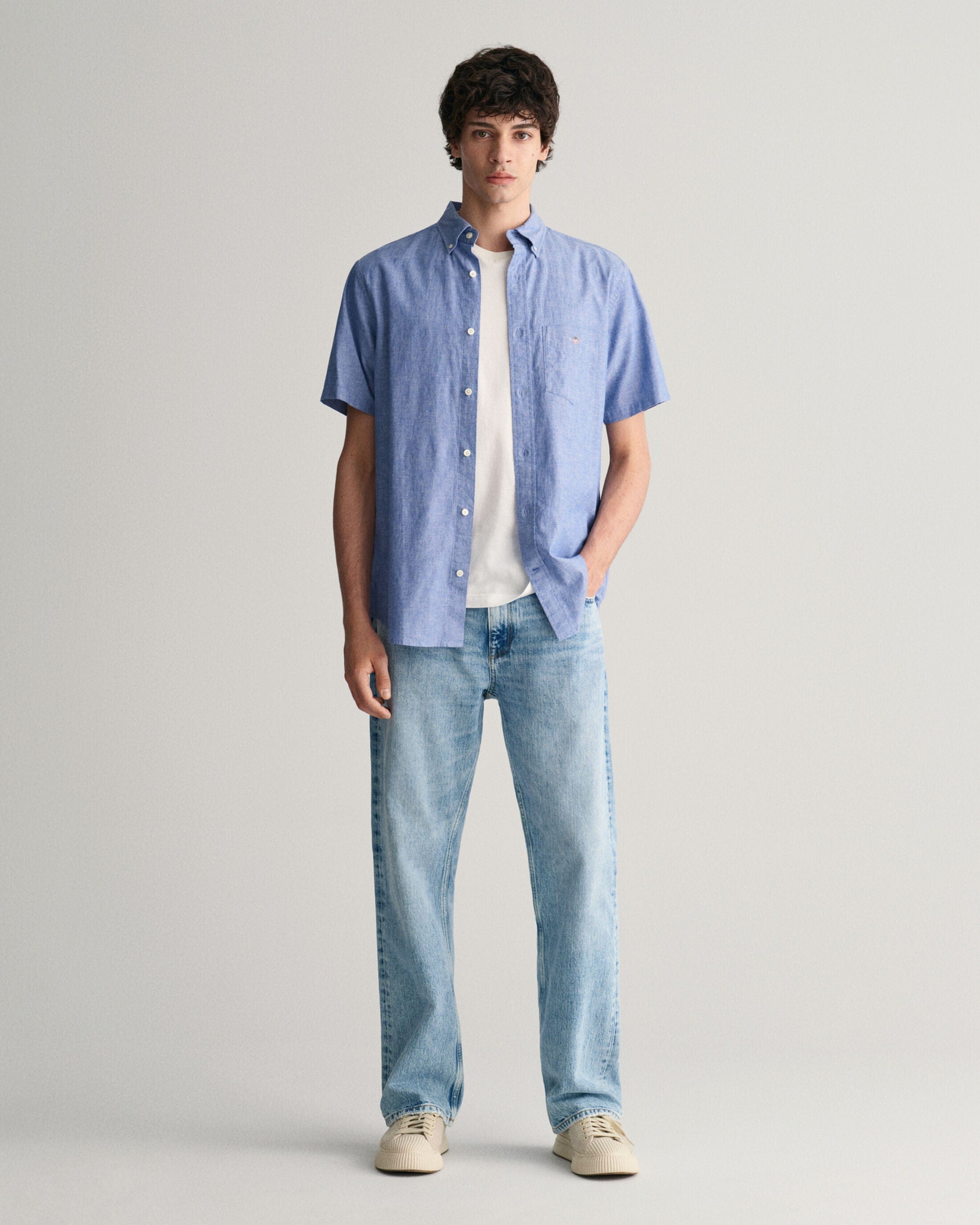 GANT Linen Mix Plain Regular Fit Short Sleeve Shirt - Rich Blue