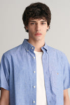 GANT Linen Mix Plain Regular Fit Short Sleeve Shirt - Rich Blue