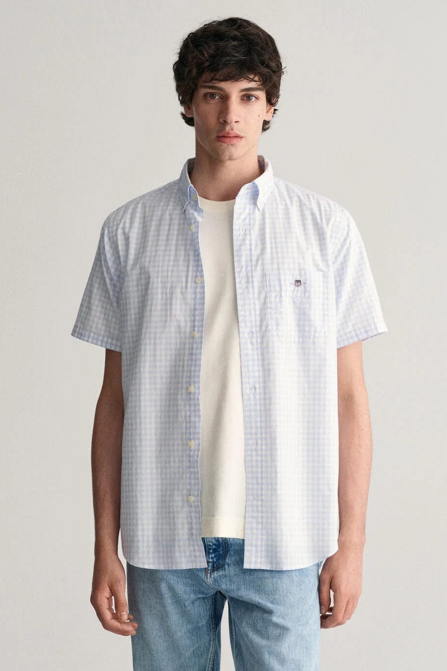 GANT Regular Fit Gingham Short Sleeve Shirt - Light Blue