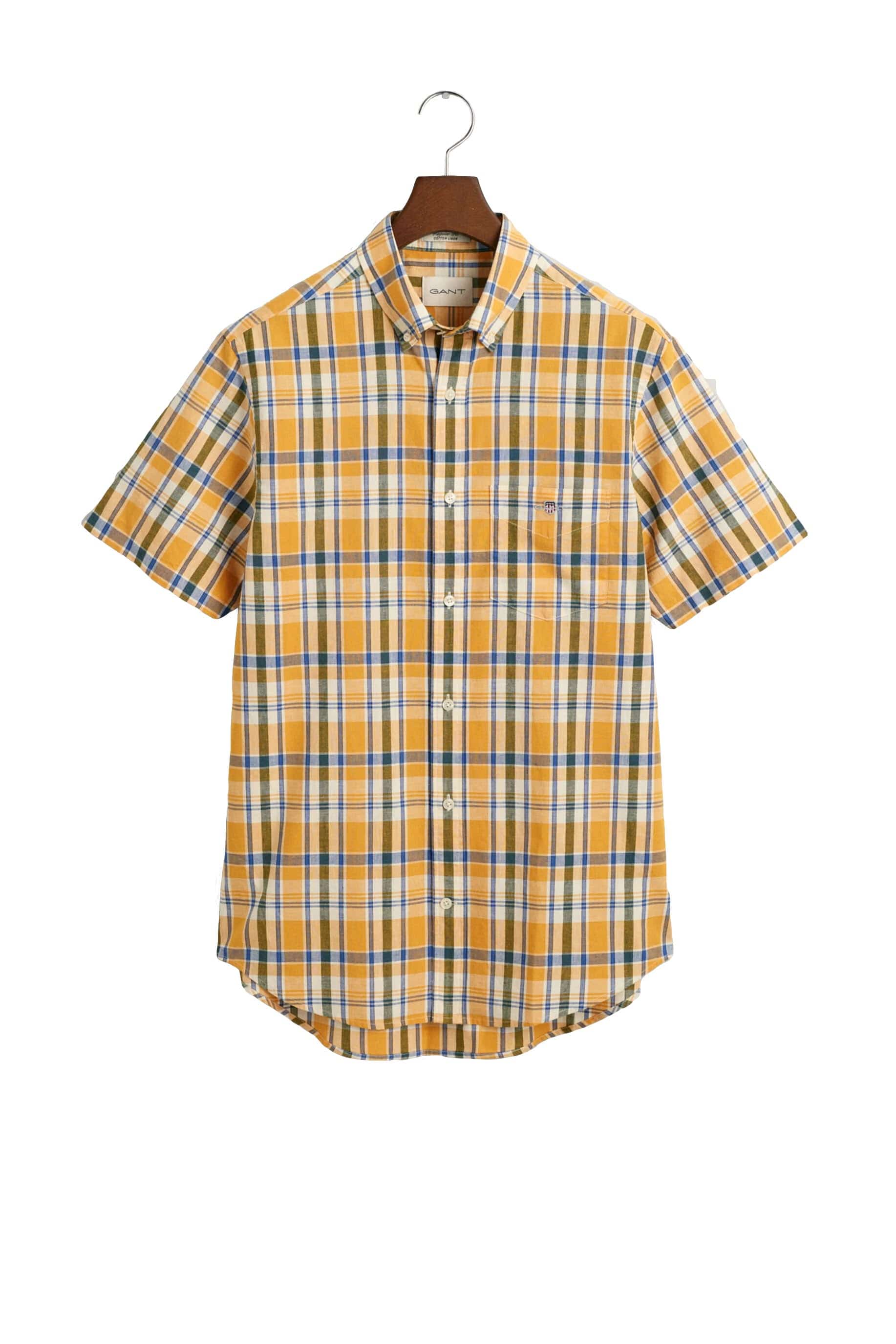 GANT Regular Fit Linen Mix Check Short Sleeve Shirt - Faded Orange