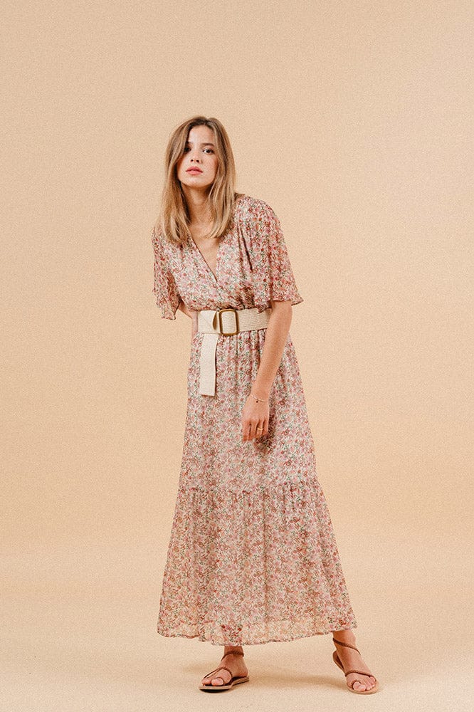 Grace & Mila Marissa Ditsy Print Wrap Style Maxi Dress - Ecru/Pink