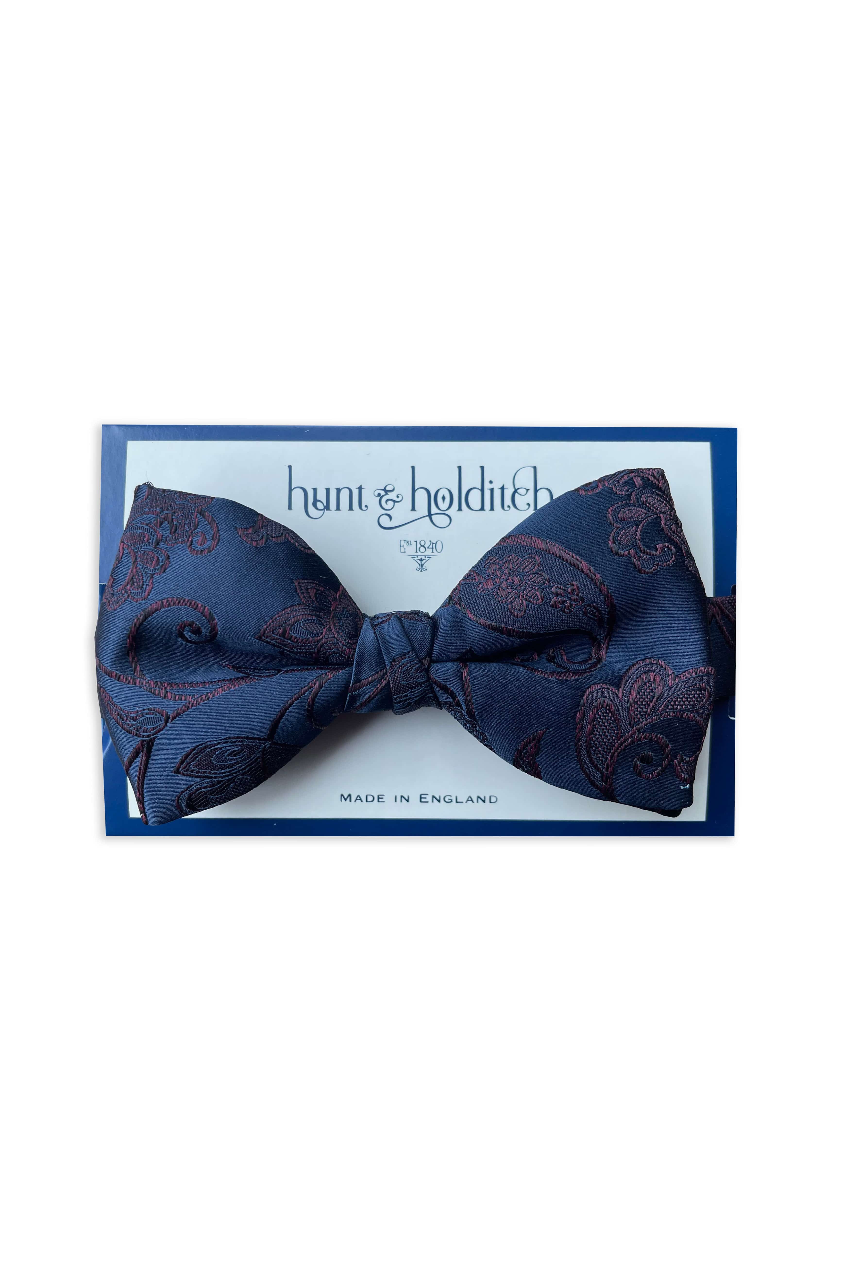 Hunt & Holditch Embroidered Flower Detail Self Tied Bow Tie - Navy/Burgundy SP7007_NAVY_OS