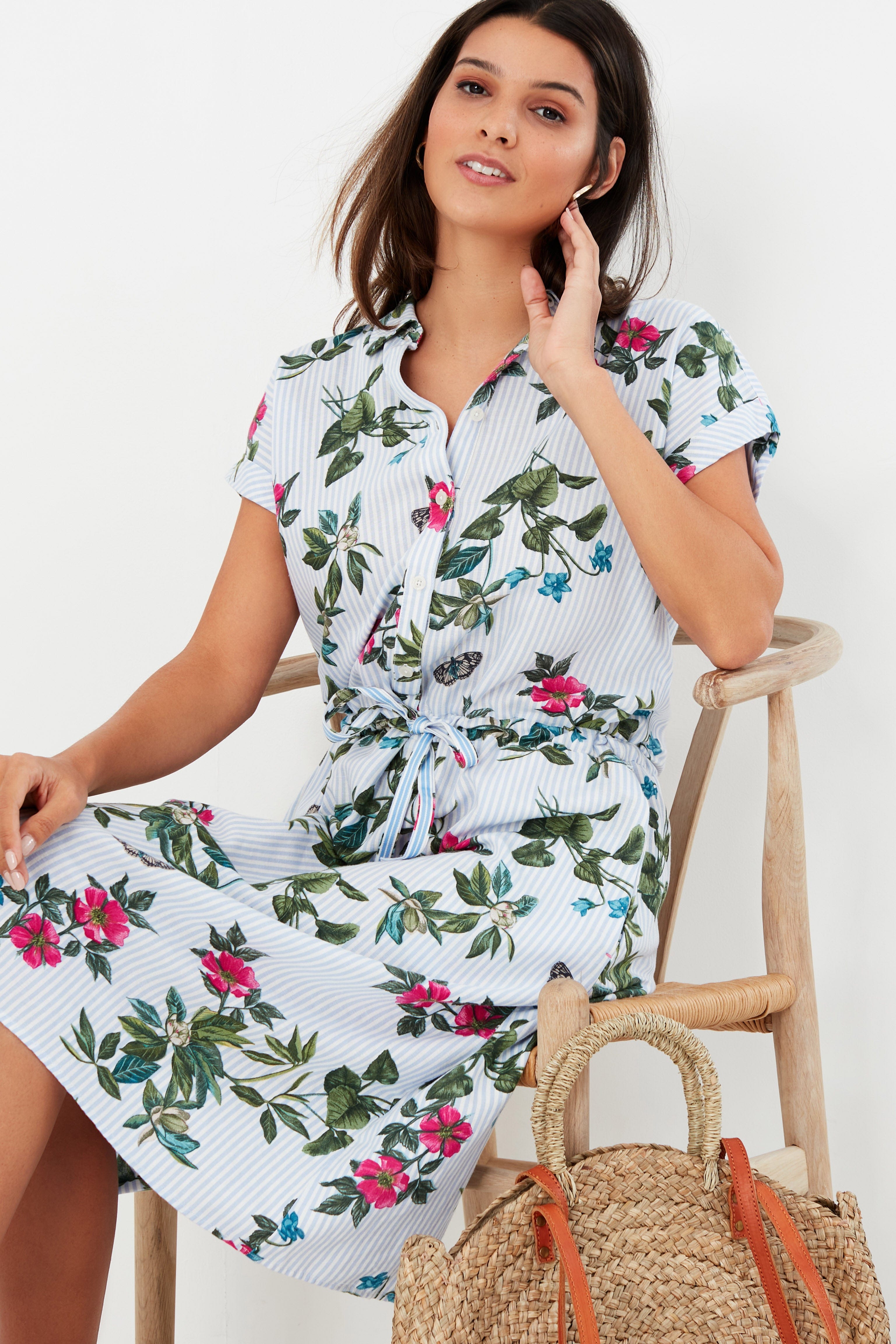 Joules Allison 1/2 Placket Linen Shirt Dress - Blue Botanical