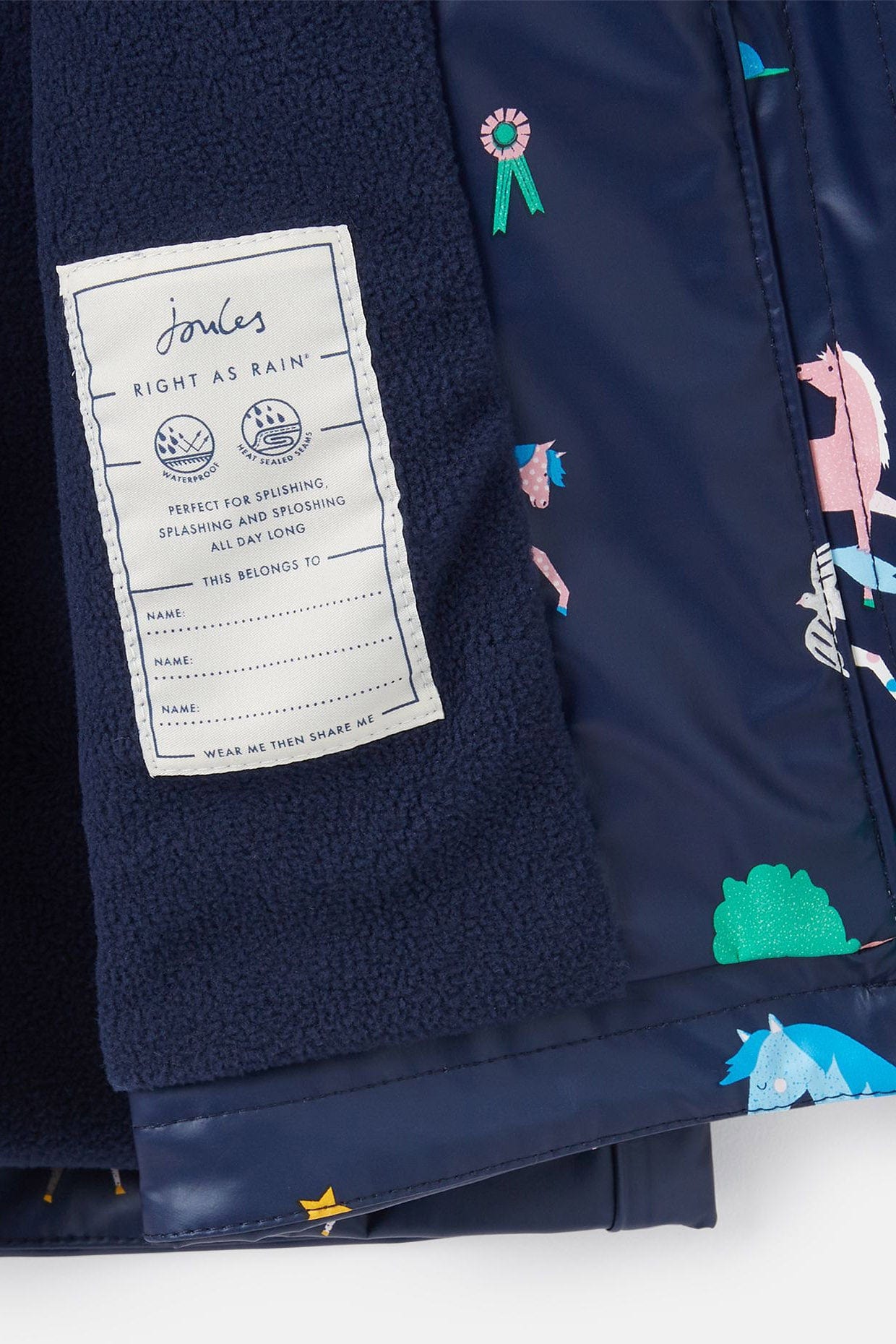 Joules Raindance Waterproof Recycled Printed Jacket - Navy Horses