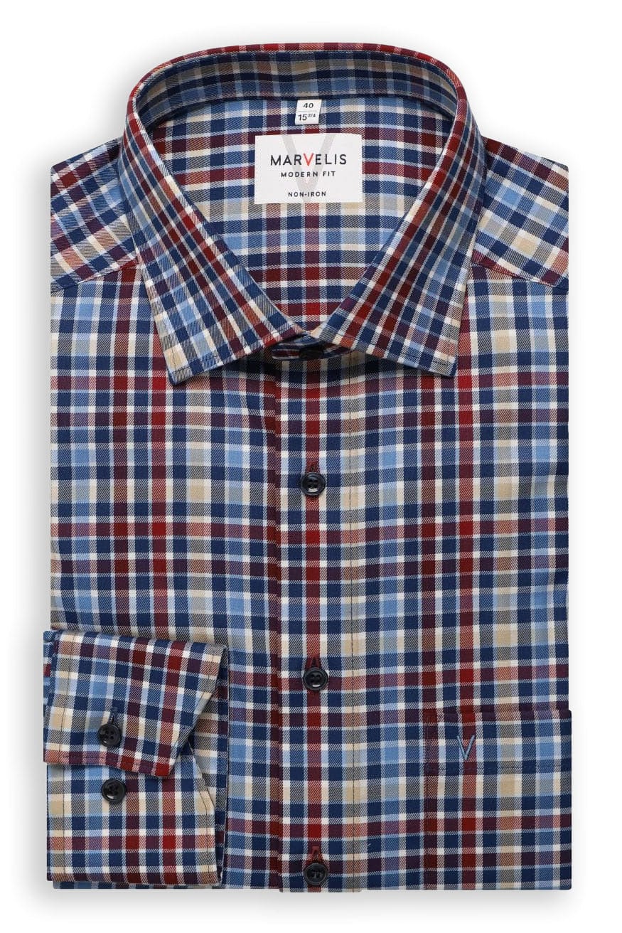 Marvelis Non-Iron Modern Fit Check Shirt - Burgundy/Blue