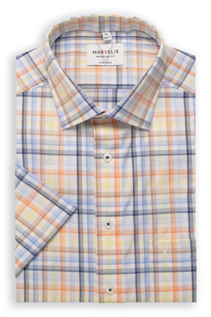 Marvelis Non-Iron Modern Fit Check Short Sleeve Shirt - Blue/Orange