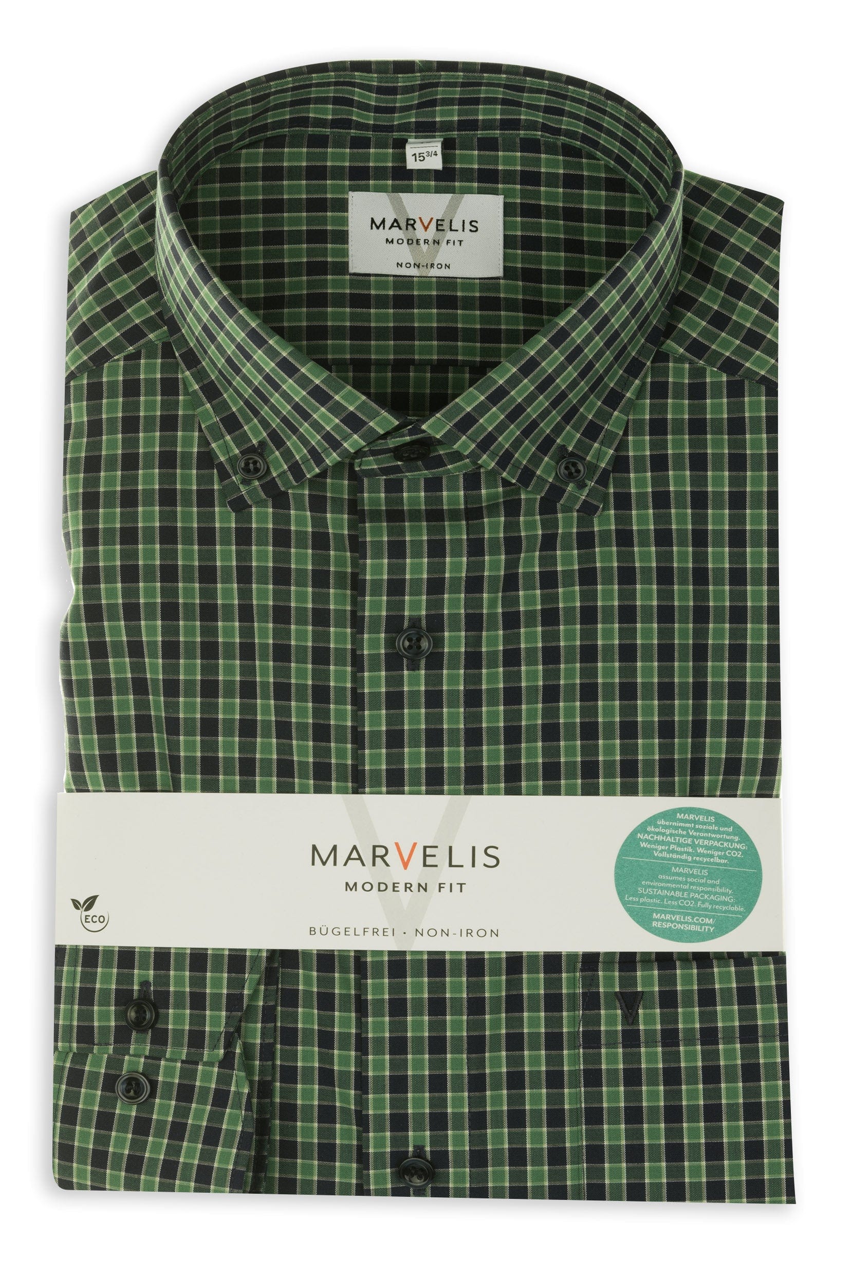 Marvelis Non-Iron Modern Fit Small Check Shirt - Forest Green/Navy