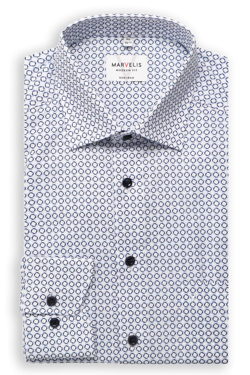 Marvelis Non-Iron Modern Fit Tile Print Shirt - White/Blue