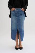 My Essential Wardrobe Louis Denim Wrap Style Midi Skirt - Medium Blue Retro Wash