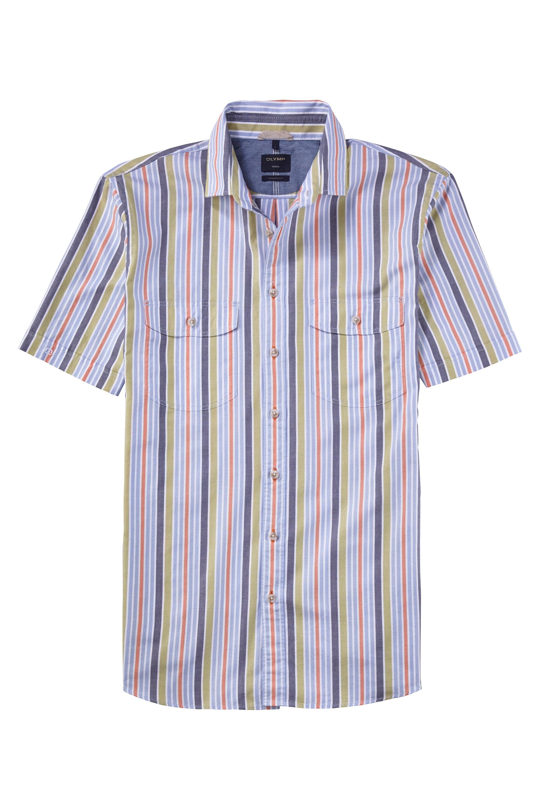 Olymp Casual Modern Fit Multi Stripe Short Sleeve Shirt - Green/Blue