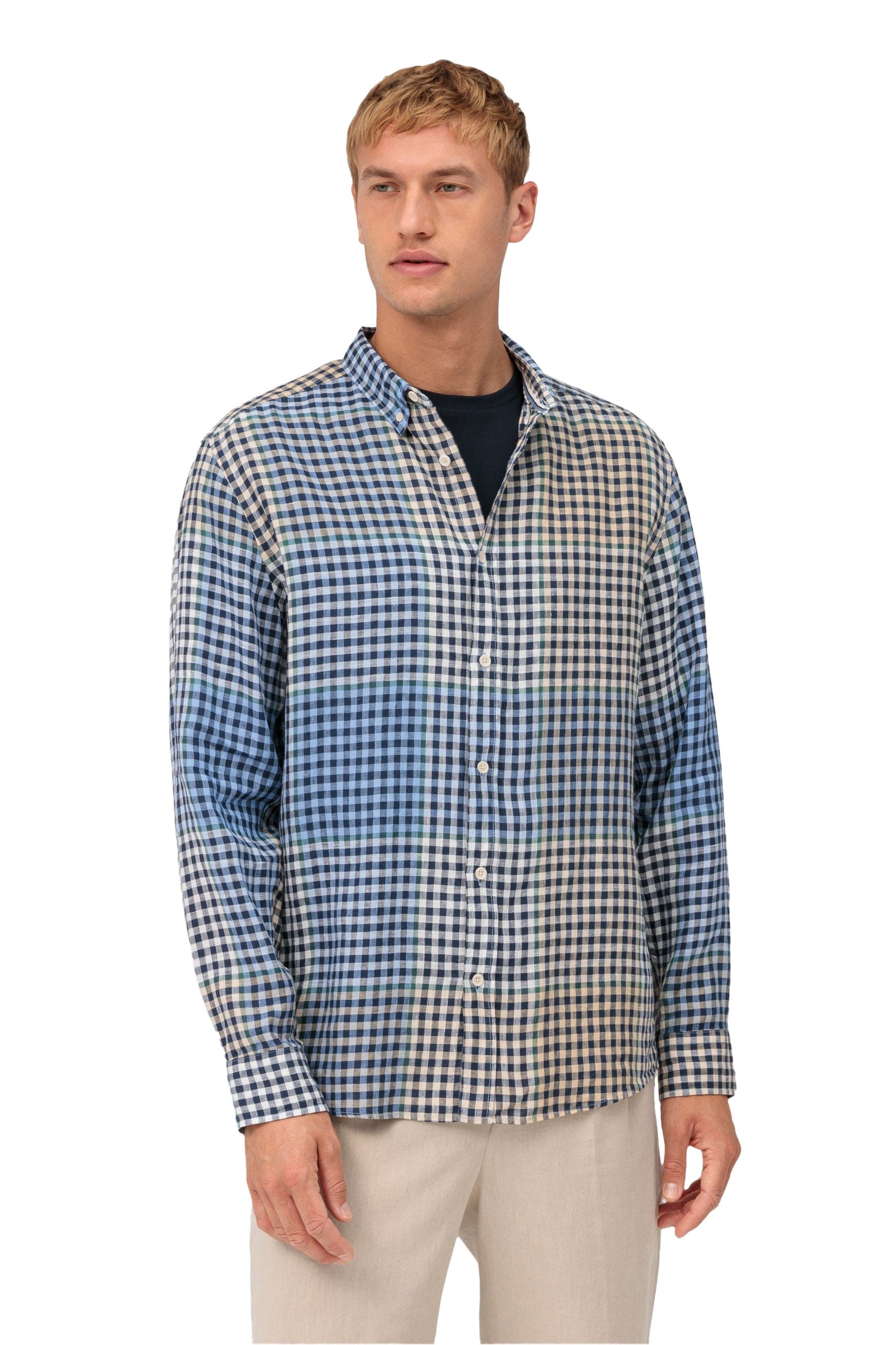 Olymp Casual Regular Fit Linen Check Shirt - Navy/Gold