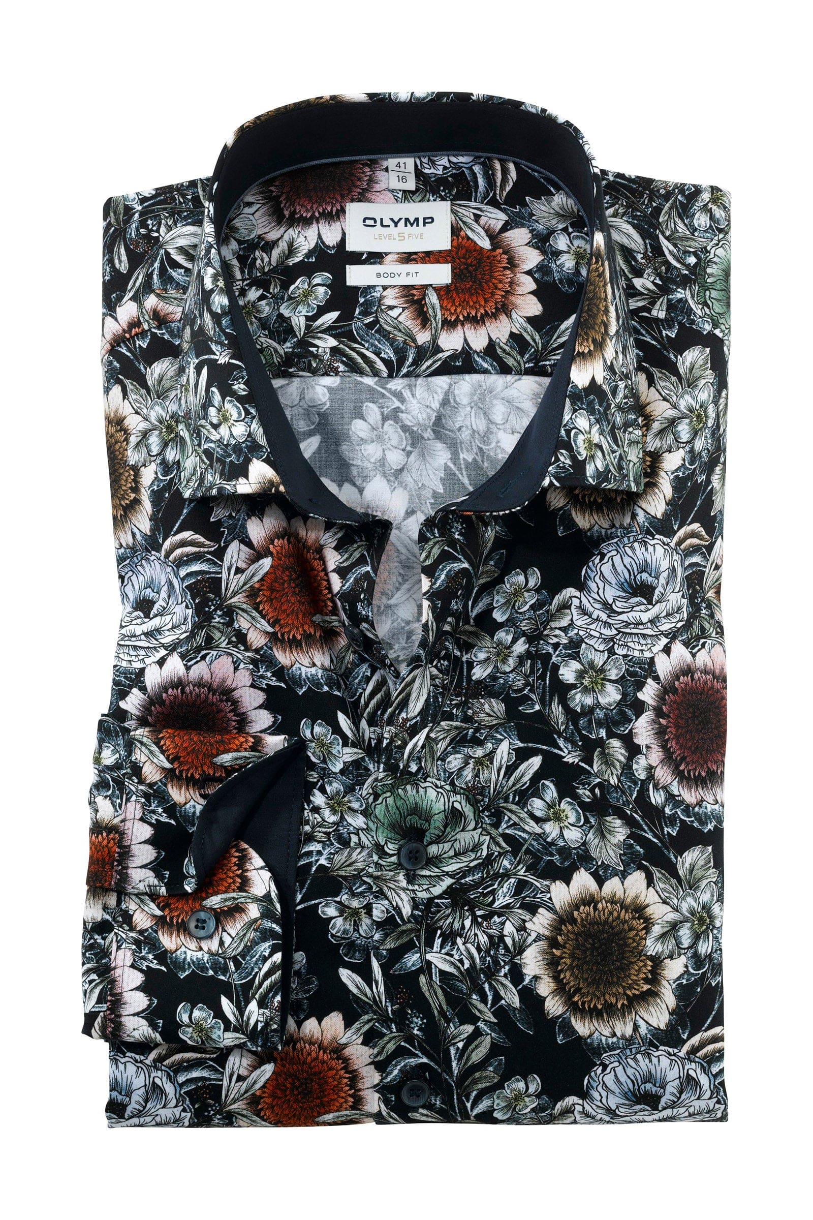 Olymp Level 5 Body Fit Sunflower Print Shirt - Marine