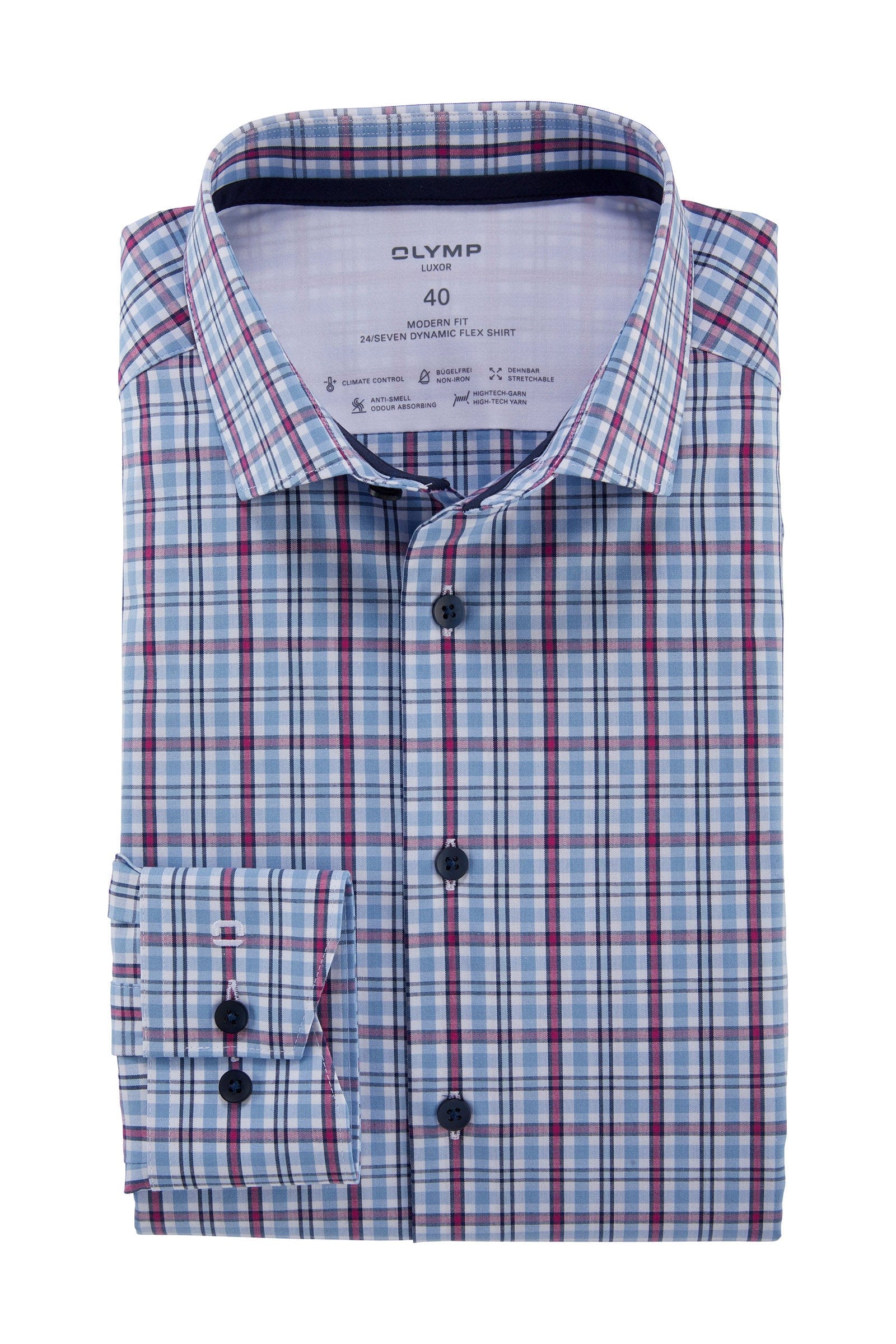 Olymp Luxor 24/7 Dynamic Flex Check Shirt - Blue/Fuchsia