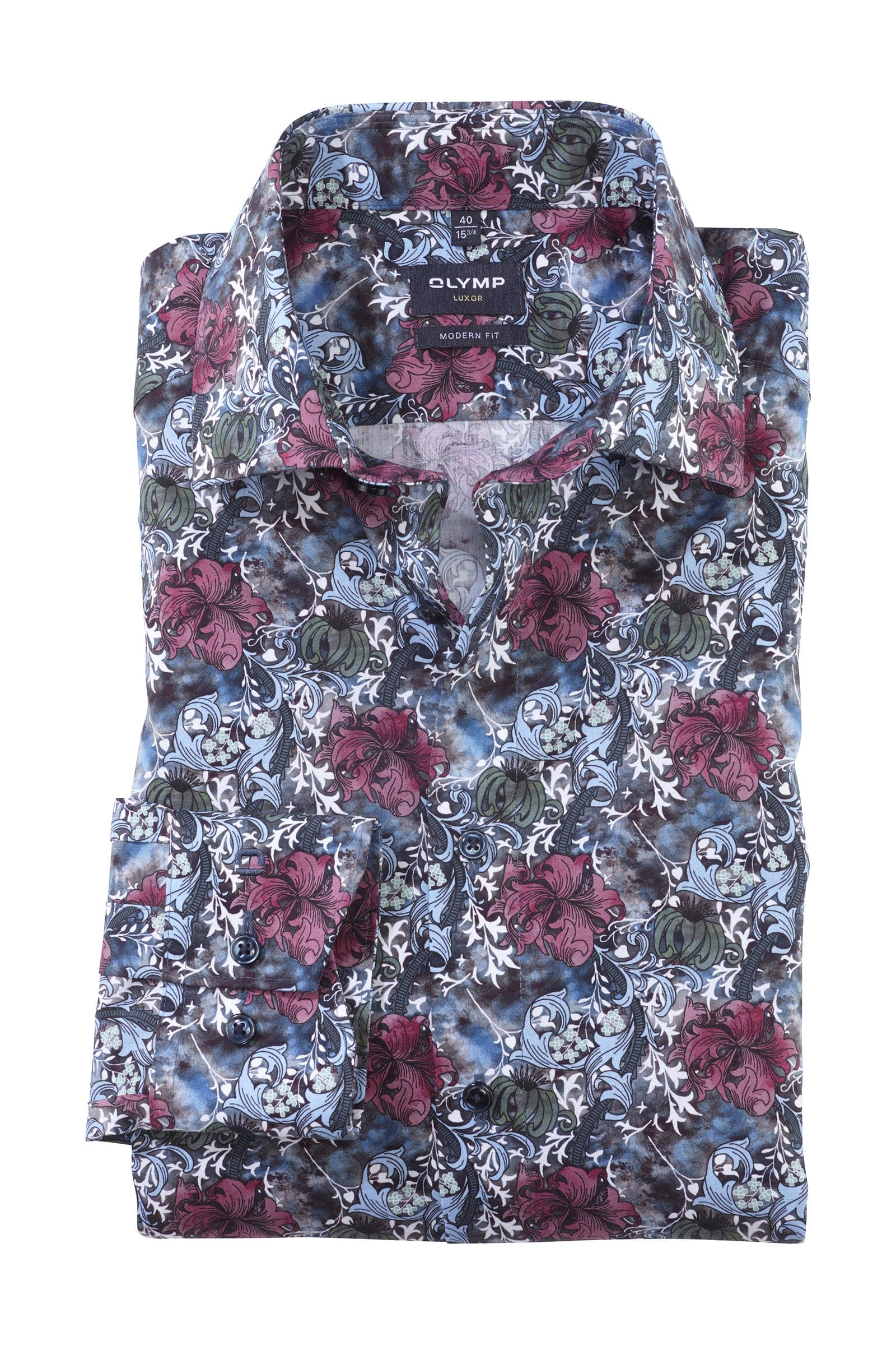 Olymp Luxor Modern Fit Dark Floral Print Shirt - Blue/Amaranth