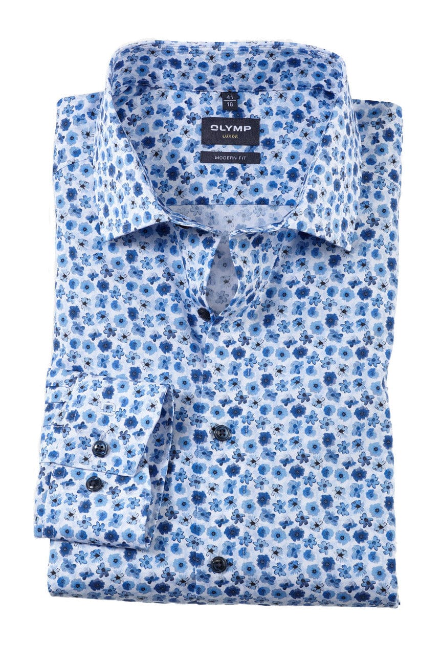 Olymp Luxor Modern Fit Floral Print Shirt - Blue/White