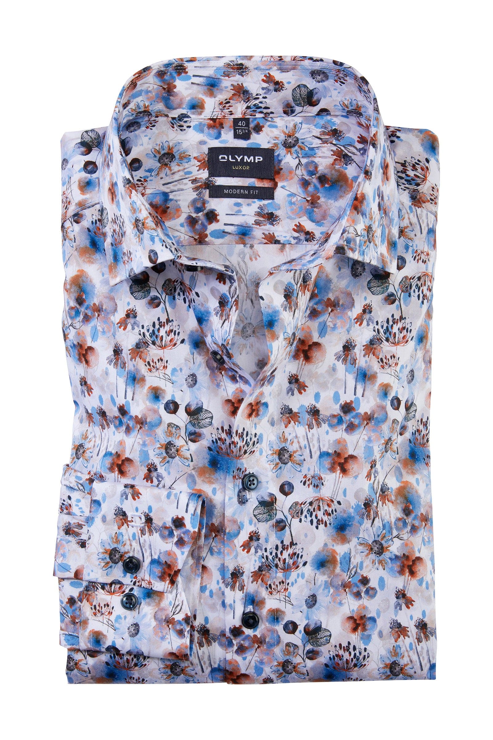 Olymp Luxor Modern Fit Flower Print Shirt - Orange/Blue