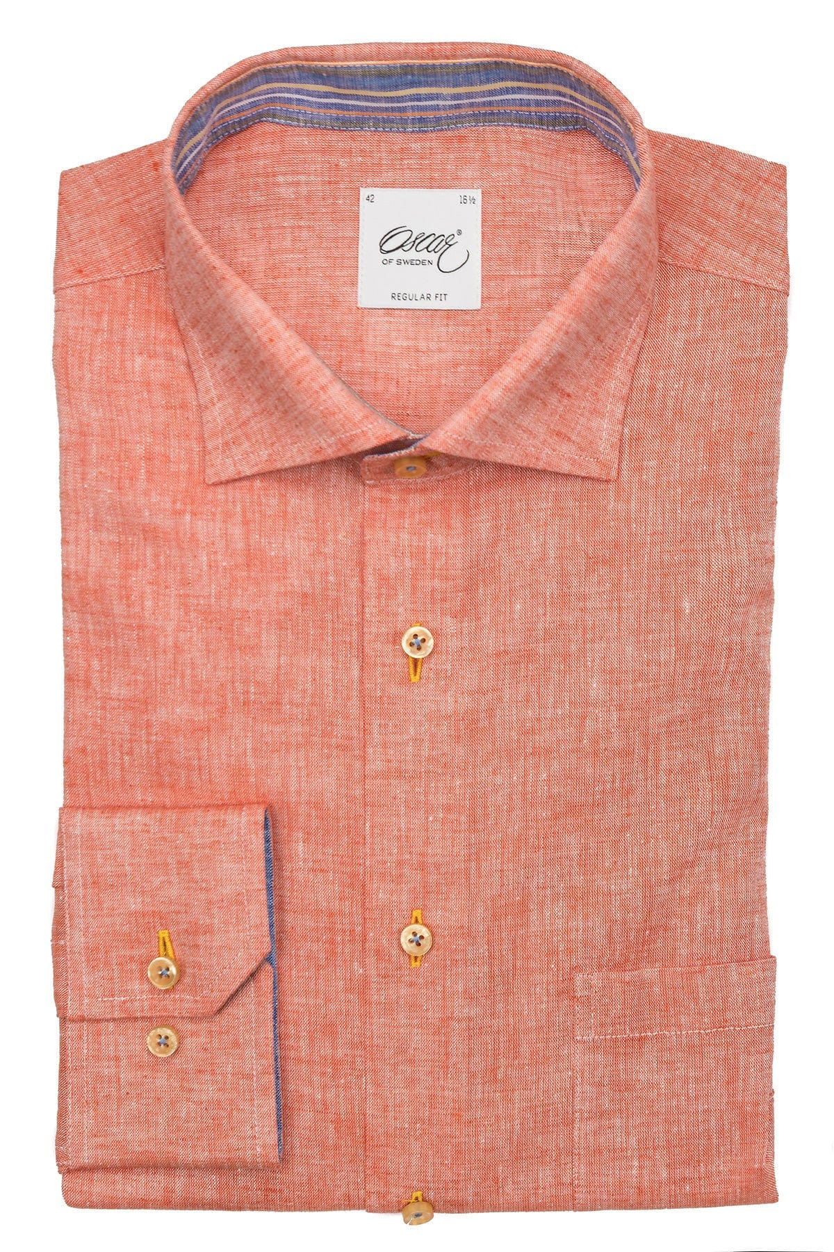 Oscar Plain Linen Blend Regular Fit Shirt - Orange