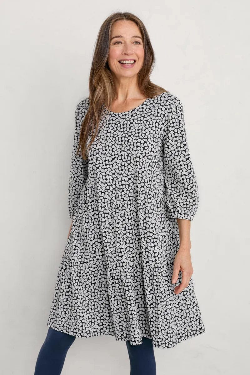 Seasalt Heron Dip Tiered Jersey Dress - Pressed Tulips Dark Night Aran