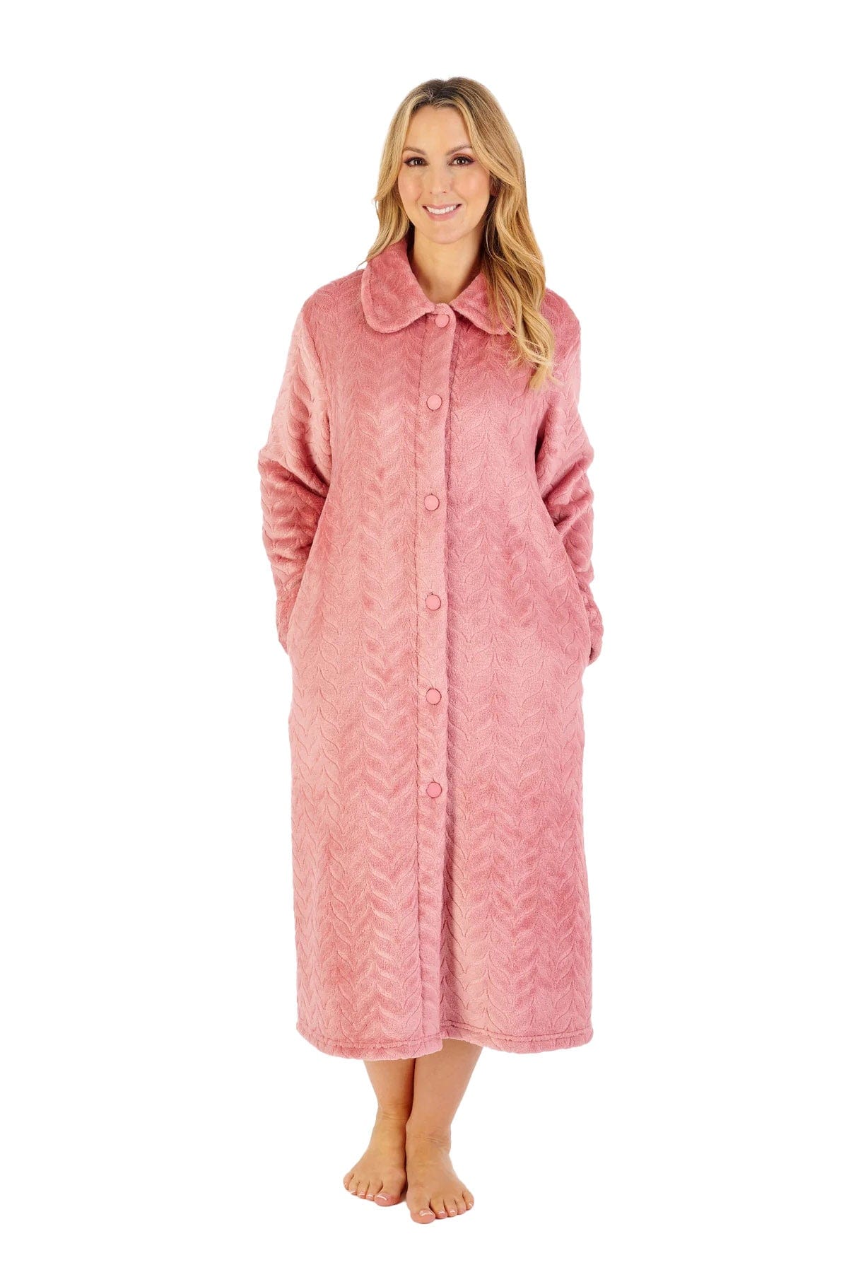 Slenderella Embossed Pattern Fleece 46 Inch Button Fleece Housecoat - Pink