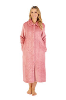 Slenderella Embossed Pattern Fleece 46 Inch Button Fleece Housecoat - Pink