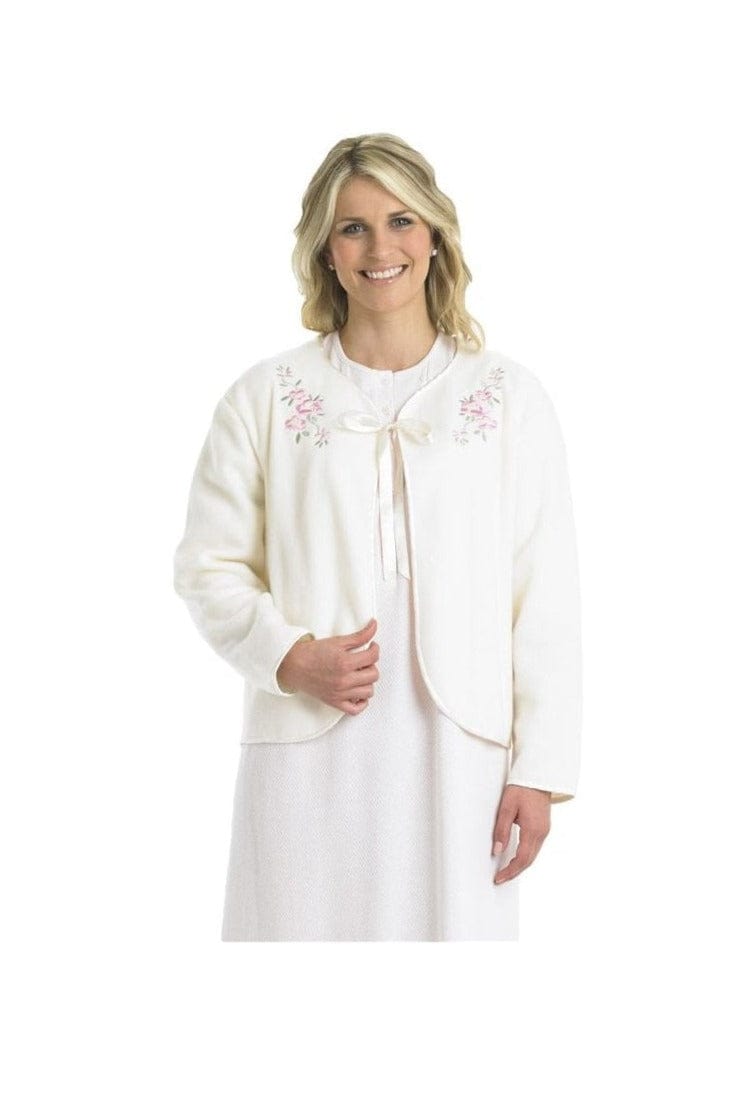 Slenderella Embroidered Fleece Tie Bed Jacket - Vanilla