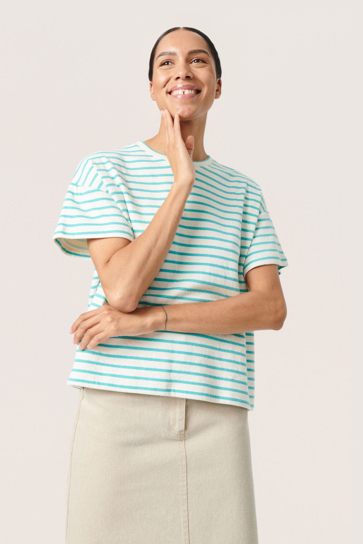 Soaked in Luxury Ingo Boxy Tee - White and Sea Jet Stripe