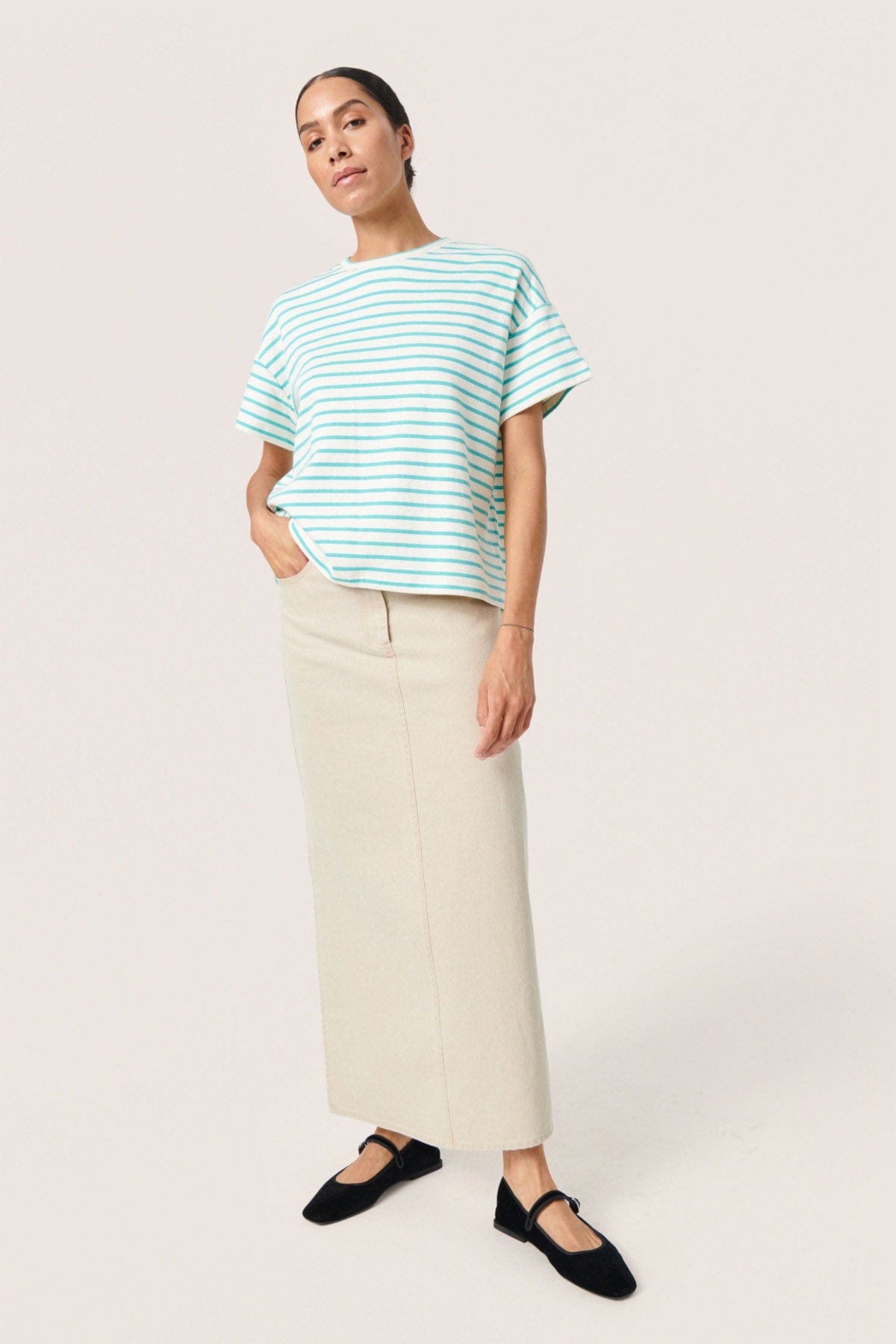 Soaked in Luxury Ingo Boxy Tee - White and Sea Jet Stripe