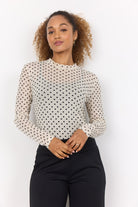 Soya Concept Alda Spot Mesh Long Sleeve Top - Cream Combi