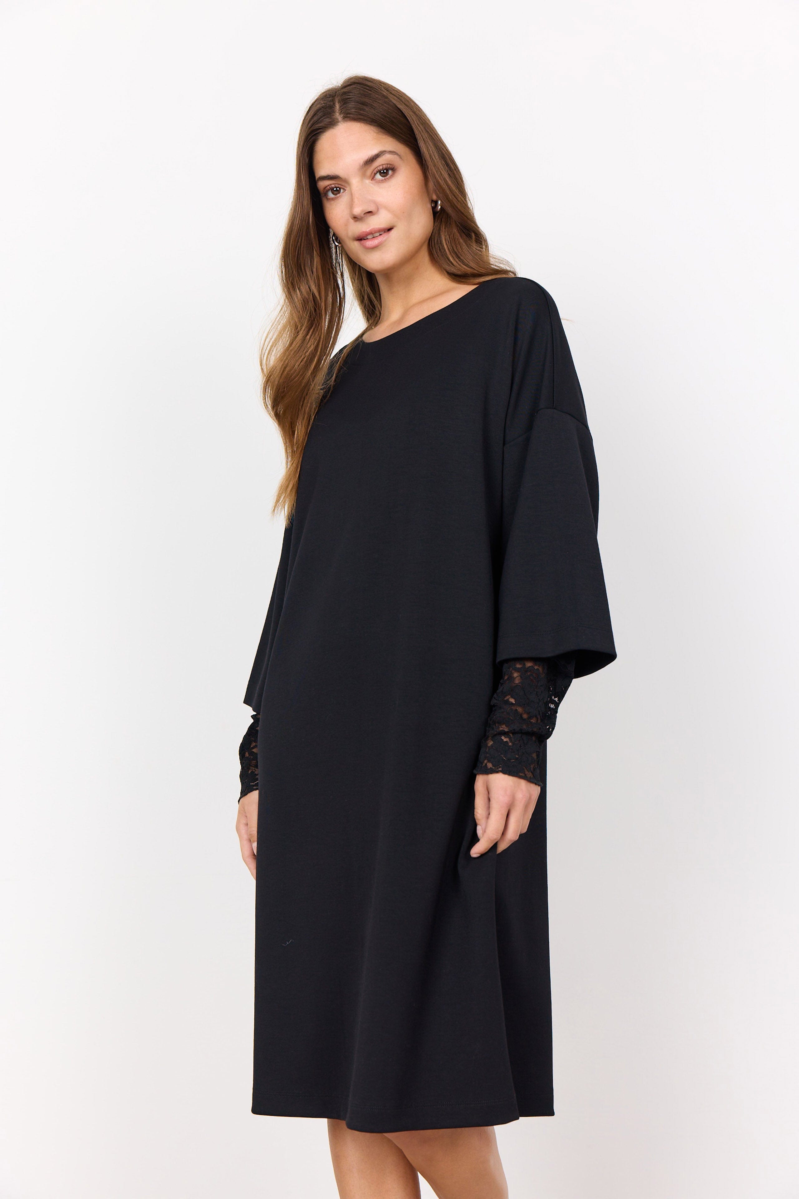 Soya Concept Banu Jersey Dress with Lace Cuffed Sleeves Dress - Black