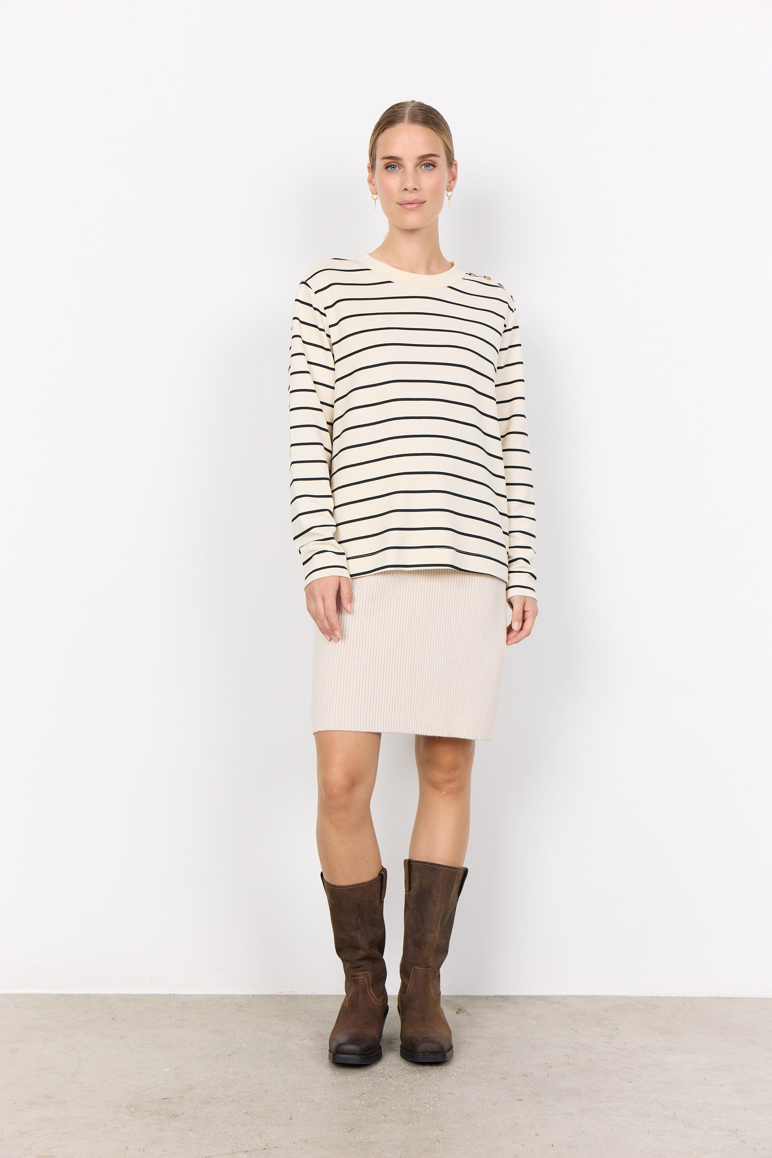 Soya Concept Barni Stripe Button Detail Sweatshirt - Cream Combi